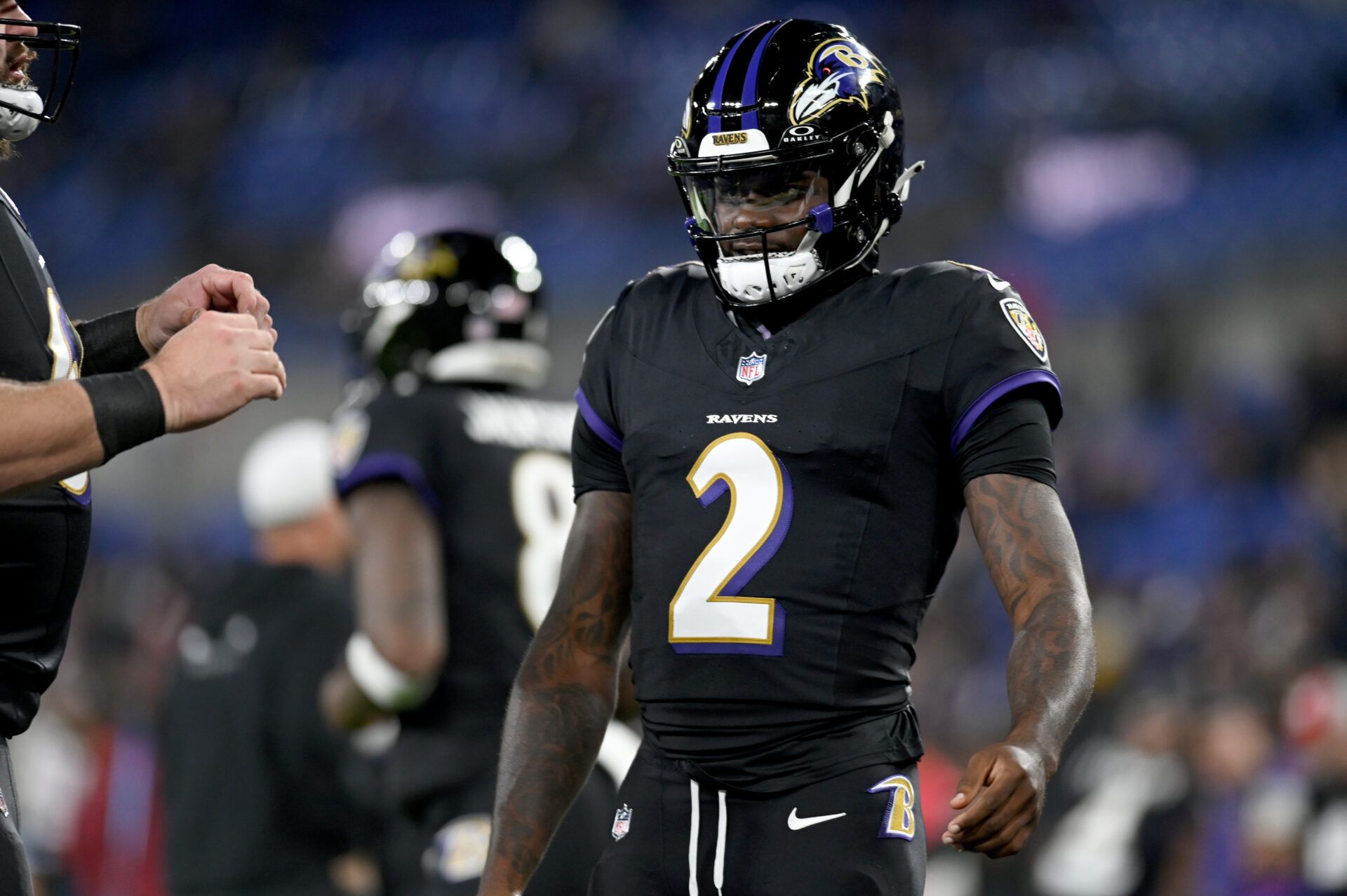 Nov 16, 2023; Baltimore, Maryland, USA; Baltimore Ravens quarterback Tyler Huntley (2) warms up before a game against the Cincinnati Bengals at M&T Bank Stadium. Mandatory Credit: Tommy Gilligan-USA TODAY Sports