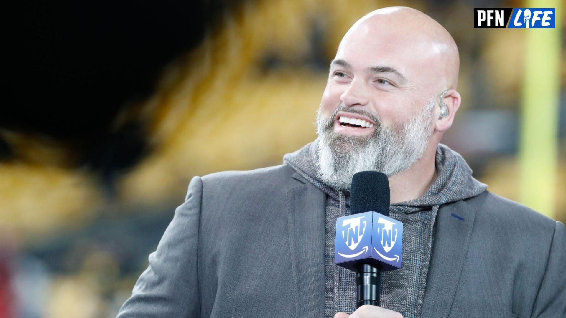 Amazon Prime Video Thursday Night Football analyst Andrew Whitworth performs the pre-game broadcast before the Pittsburgh Steelers host the New England Patriots at Acrisure Stadium. Mandatory Credit: Charles LeClaire-USA TODAY Sports