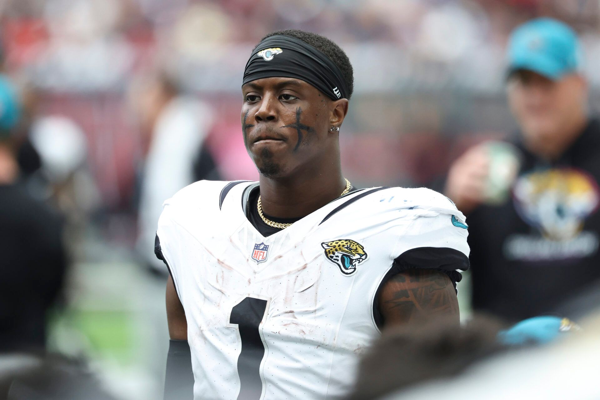 Sep 29, 2024; Houston, Texas, USA; Jacksonville Jaguars running back Travis Etienne Jr. (1) during the game against the Houston Texans at NRG Stadium. Mandatory Credit: Troy Taormina-Imagn Images