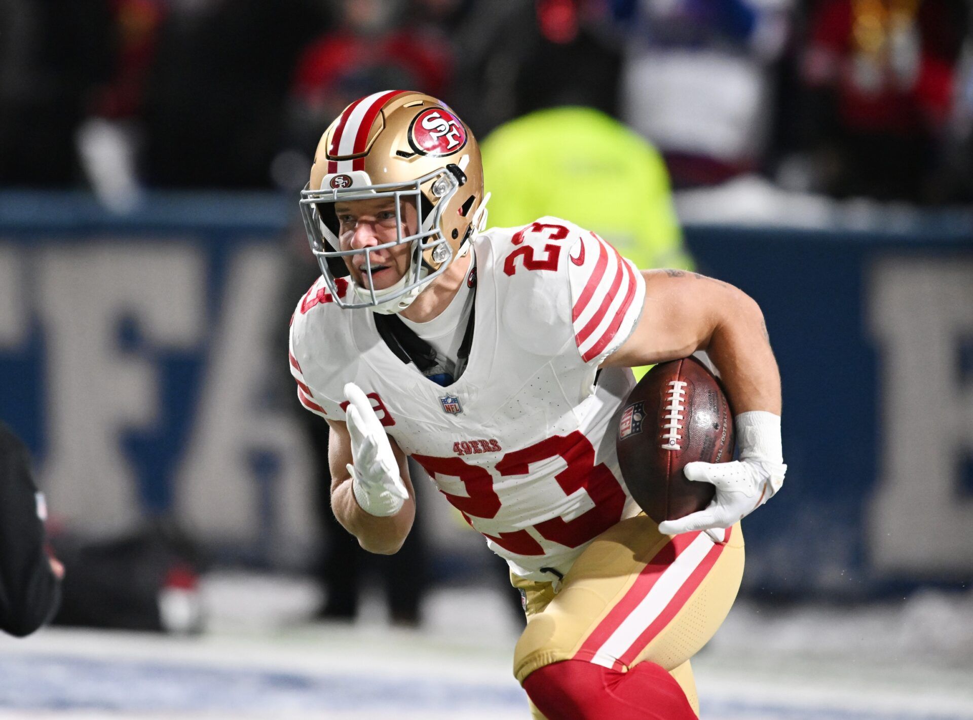 San Francisco 49ers running back Christian McCaffrey (23) warms up before a game against the Buffalo Bills at Highmark Stadium.