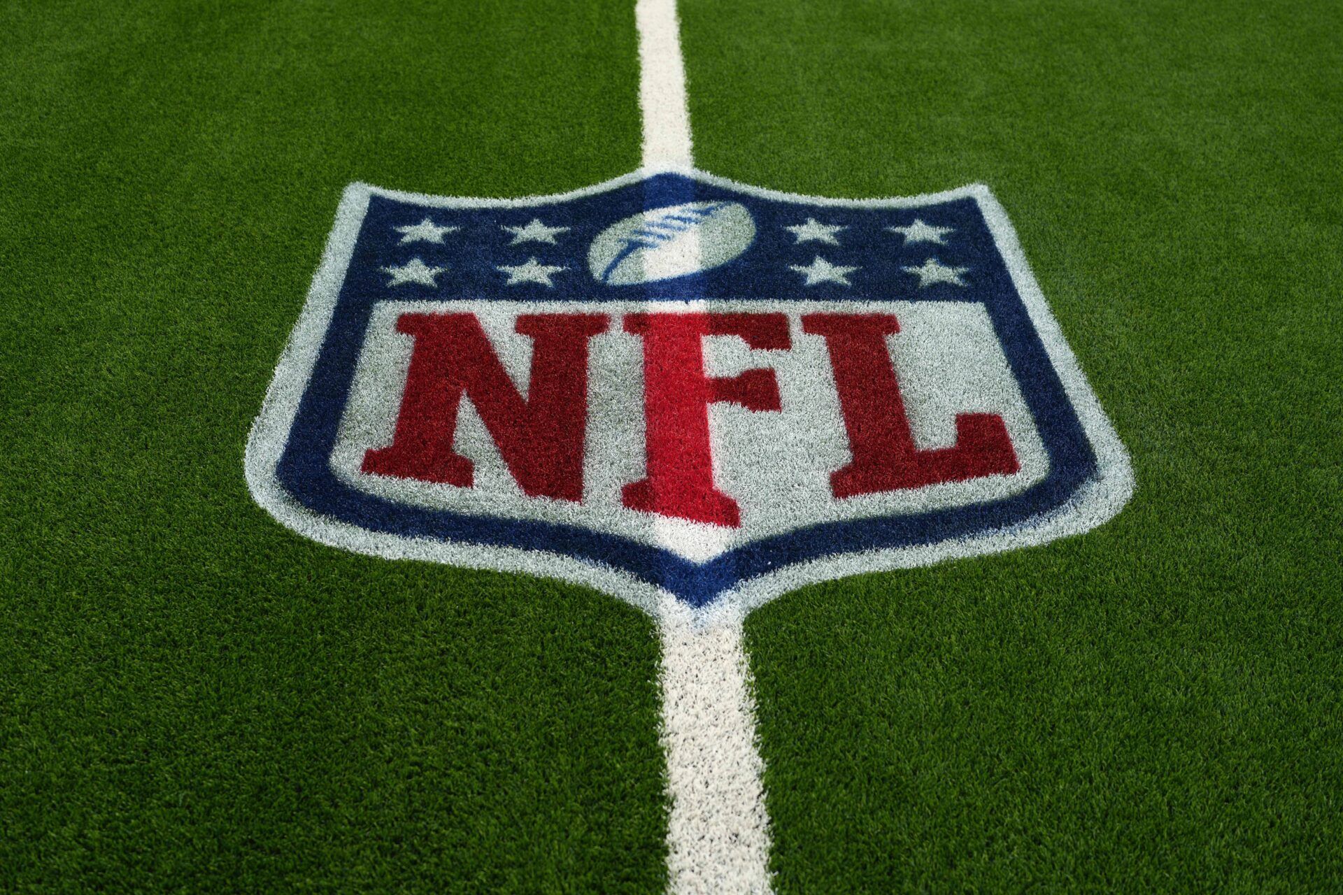 Sep 8, 2024; Inglewood, California, USA; The NFL shield logo at SoFi Stadium. Mandatory Credit: Kirby Lee-Imagn Images