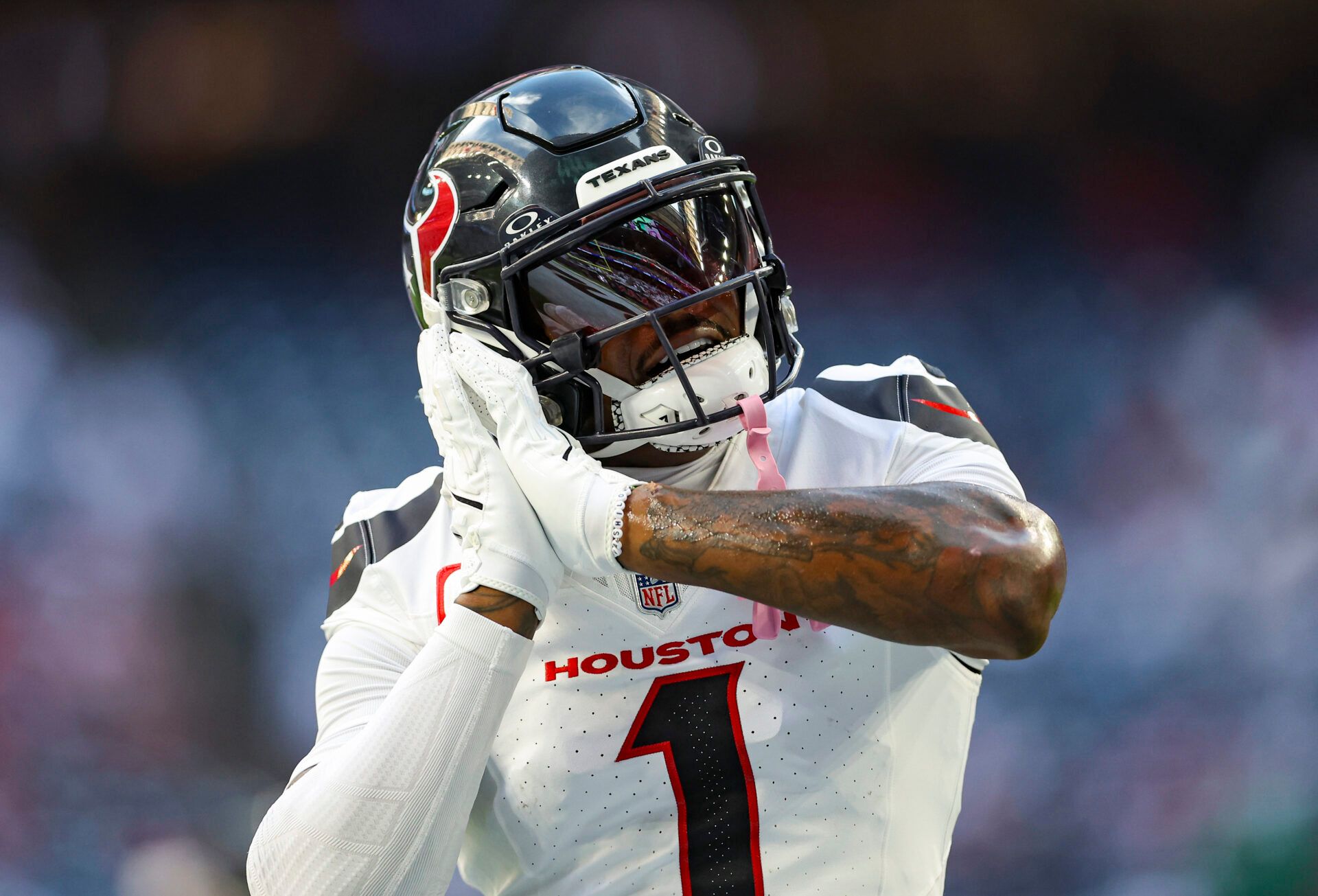 Sep 15, 2024; Houston, Texas, USA; Houston Texans wide receiver Stefon Diggs (1) before the game against the Chicago Bears at NRG Stadium. Mandatory Credit: Troy Taormina-Imagn Images