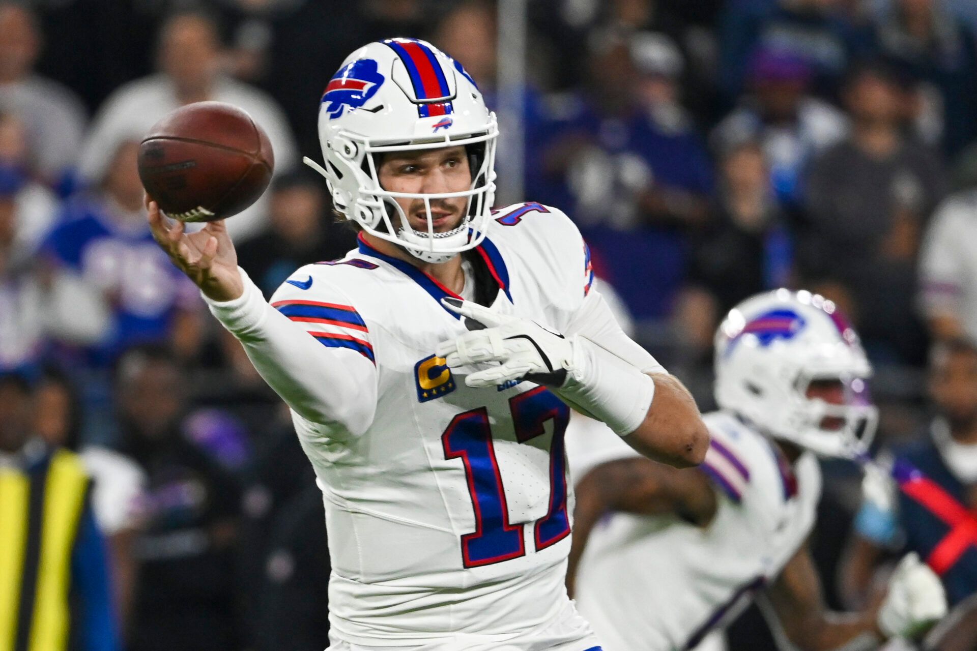 Buffalo Bills quarterback Josh Allen (17) throws form the pocket during the first quarter against the Baltimore Ravens  at M&T Bank Stadium.