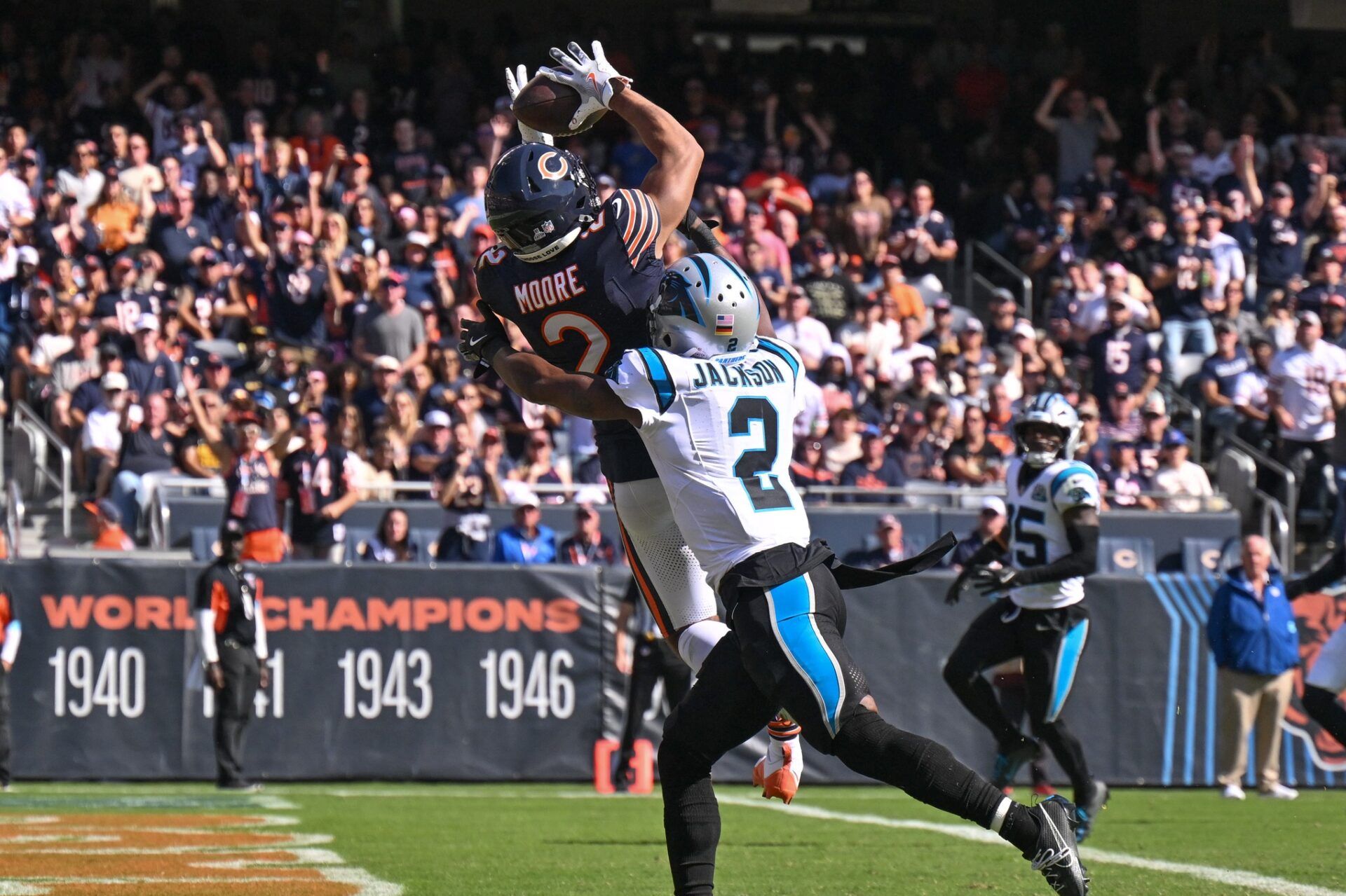 Chicago Bears wide receiver DJ Moore (2) catches a pass in the end zone against the Carolina Panthers during the second quarter at Soldier Field.