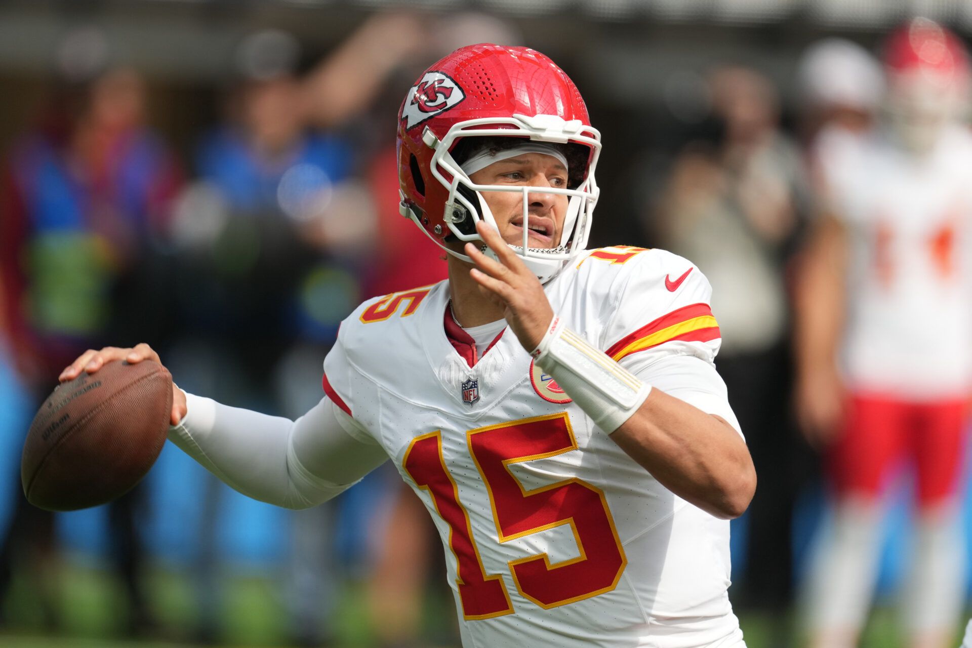 Sep 29, 2024; Inglewood, California, USA; Kansas City Chiefs quarterback Patrick Mahomes (15) throws the ball in the first quarter against the Los Angeles Chargers at SoFi Stadium. Mandatory Credit: Kirby Lee-Imagn Images