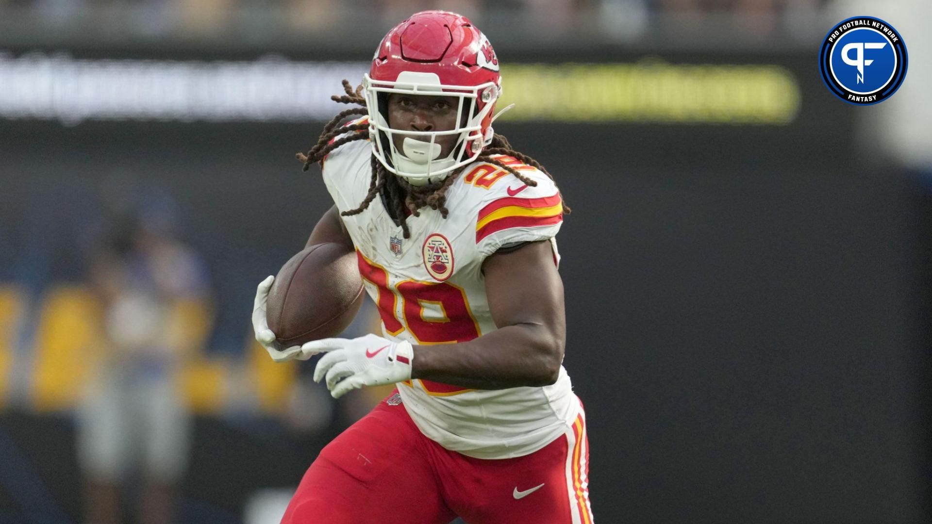 Sep 29, 2024; Inglewood, California, USA; Kansas City Chiefs running back Kareem Hunt (29) carries the ball against the Los Angeles Chargers in the second half at SoFi Stadium. Mandatory Credit: Kirby Lee-Imagn Images