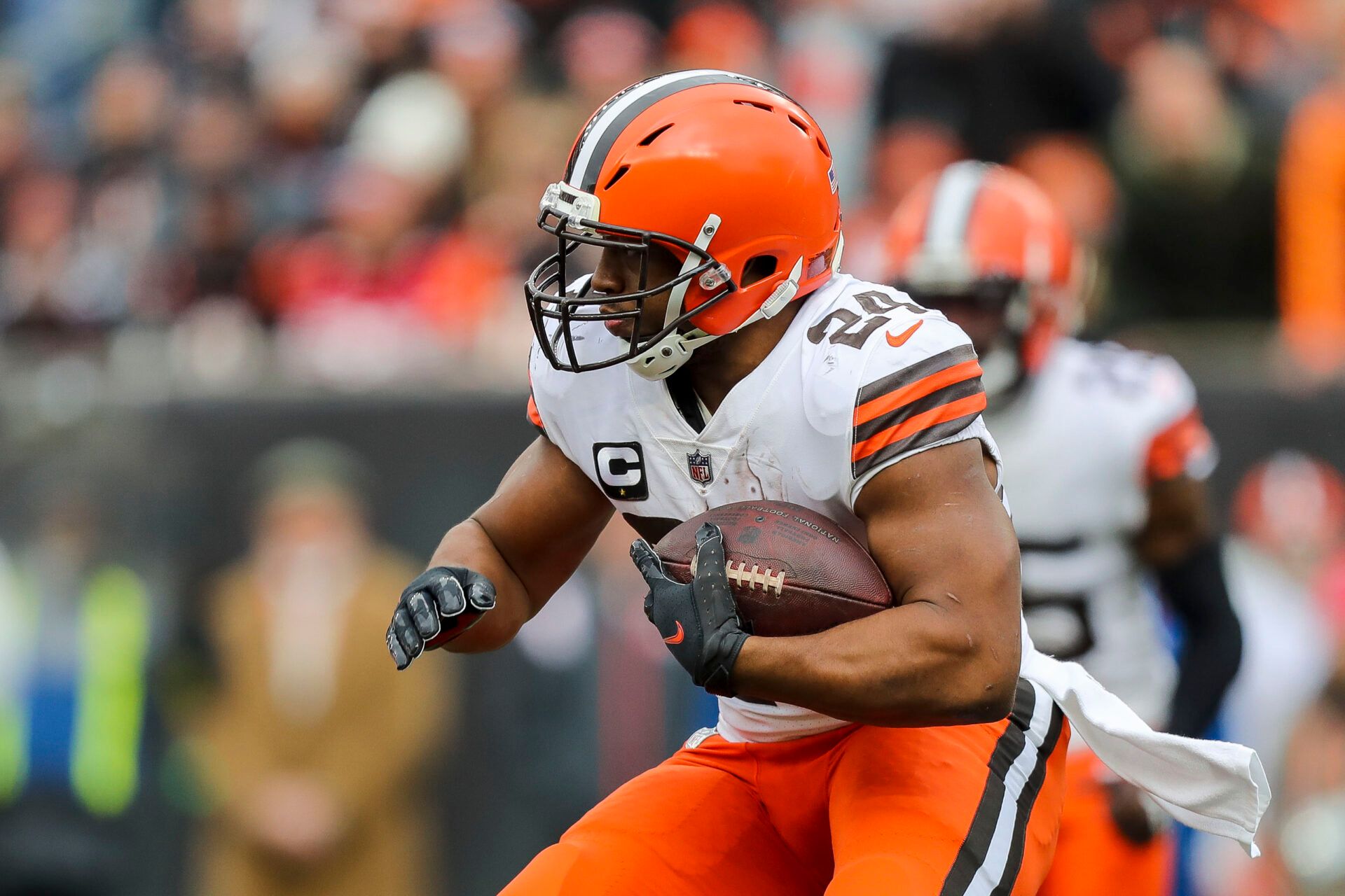 Dec 11, 2022; Cincinnati, Ohio, USA; Cleveland Browns running back Nick Chubb (24) runs with the ball against the Cincinnati Bengals in the first half at Paycor Stadium. Mandatory Credit: Katie Stratman-USA TODAY Sports