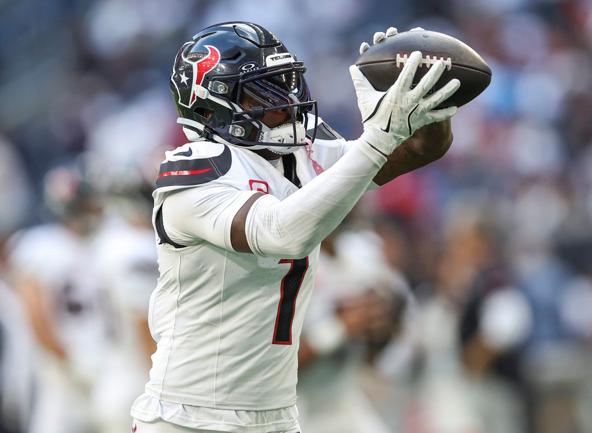 Sep 15, 2024; Houston, Texas, USA; Houston Texans wide receiver Stefon Diggs (1) before the game against the Chicago Bears at NRG Stadium. Mandatory Credit: Troy Taormina-Imagn Images