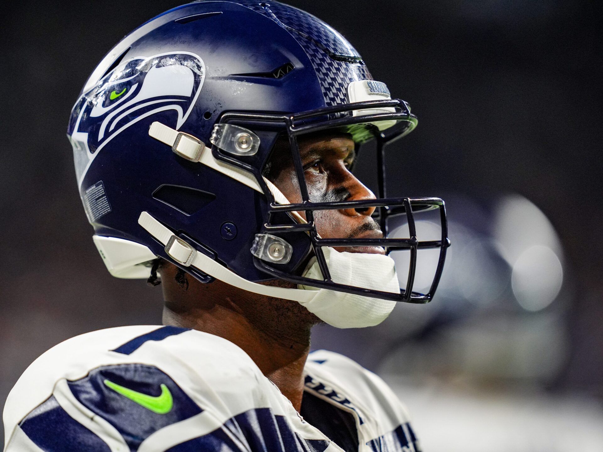 Seattle Seahawks Seattle Seahawks quarterback Geno Smith (7) looks at the scoreboard after the Detroit Lions scored a touchdown during the N.F.L. game against the Seattle Seahawks at Ford Field in Detroit, Tuesday, Oct. 1, 2024.