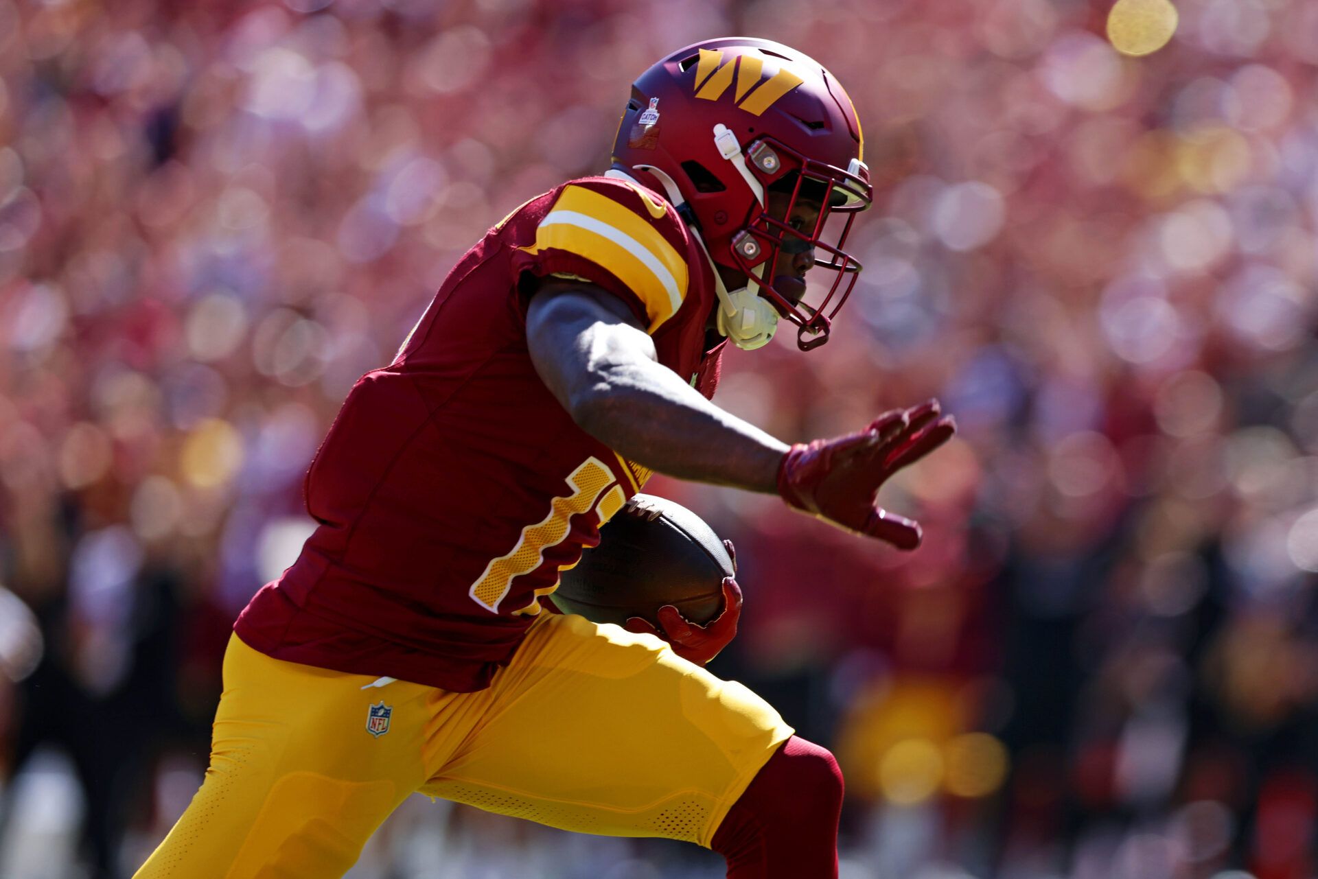 Oct 6, 2024; Landover, Maryland, USA; Washington Commanders wide receiver Terry McLaurin (17) makes a catch during the first quarter against the Cleveland Browns at NorthWest Stadium. Mandatory Credit: Peter Casey-Imagn Images