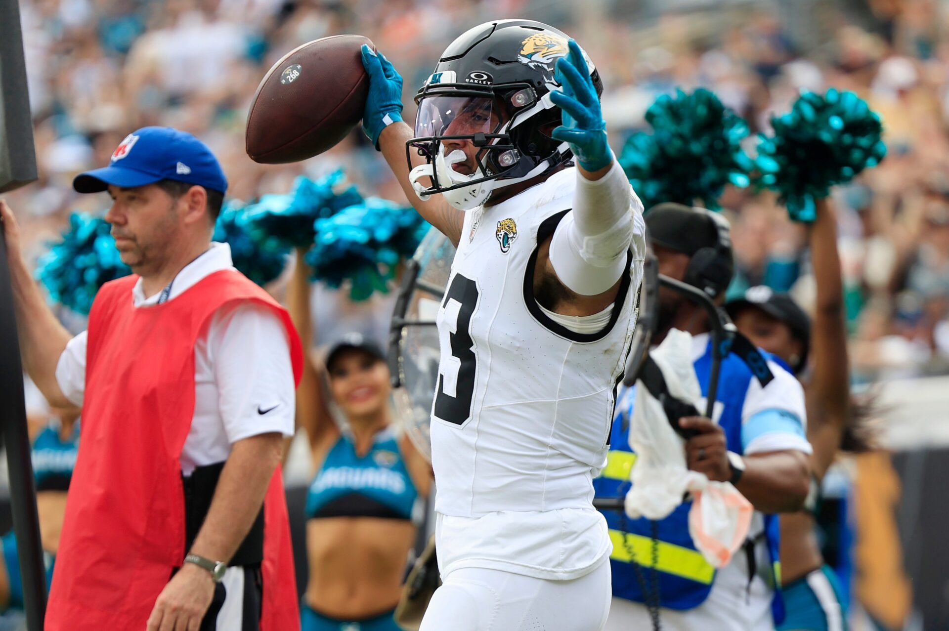 Jacksonville Jaguars wide receiver Christian Kirk (13) reacts to what he thought is a touchdown but ruled an incomplete pass during the fourth quarter of an NFL football matchup Sunday, Sept. 15, 2024 at EverBank Stadium in Jacksonville, Fla. The Browns defeated the Jaguars 18-13. [Corey Perrine/Florida Times-Union]