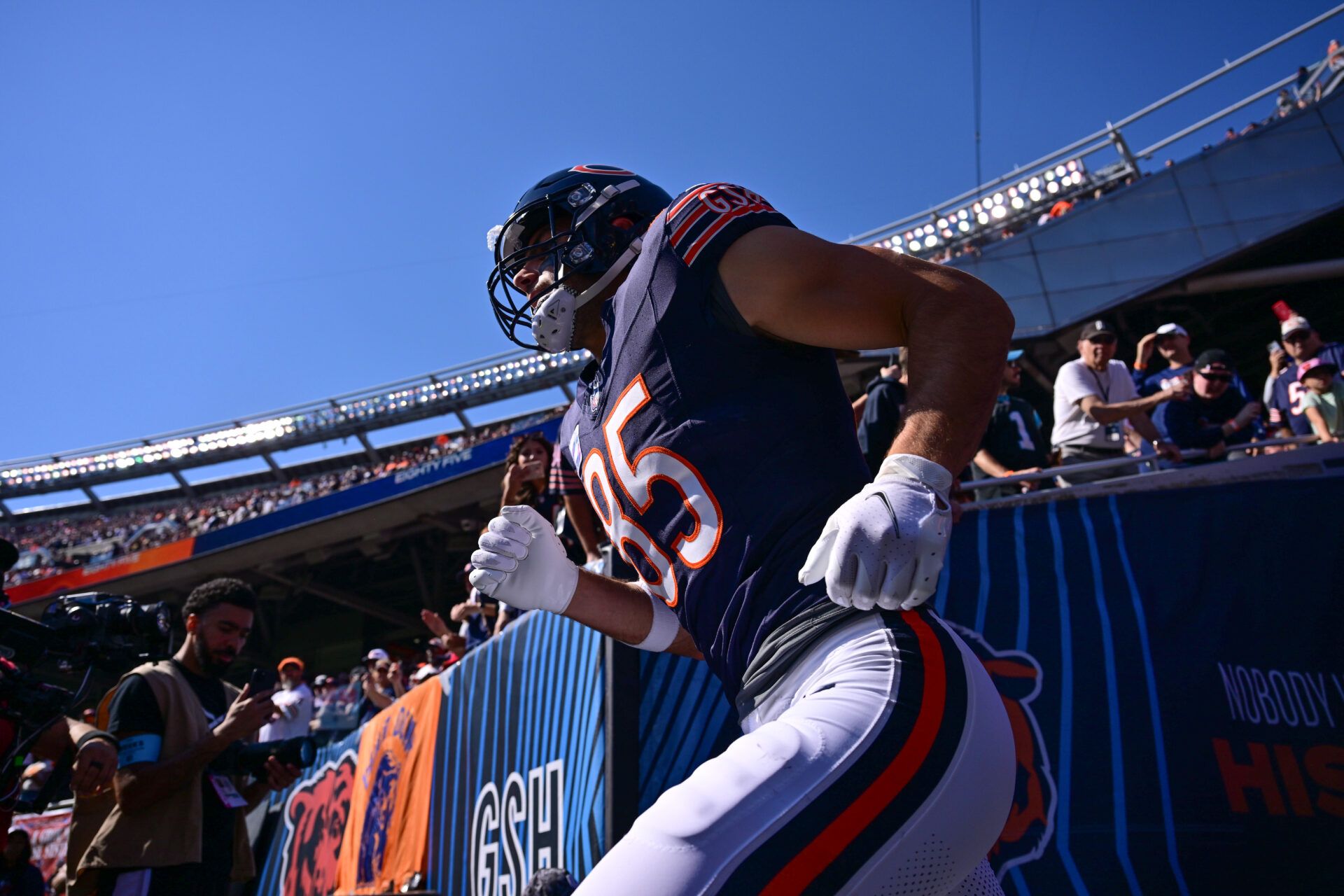 Oct 6, 2024; Chicago, Illinois, USA; Chicago Bears tight end Cole Kmet (85) enters the field before the game against the Carolina Panthers at Soldier Field. Mandatory Credit: Daniel Bartel-Imagn Images