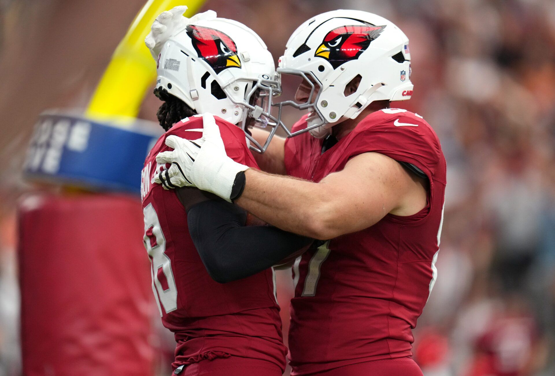 Arizona Cardinals receiver Marvin Harrison Jr. (18) celebrates his touchdown with teammate Trey McBride (85) during their game against the Los Angeles Rams on Sept. 15, 2024, at State Farm Stadium in Glendale.