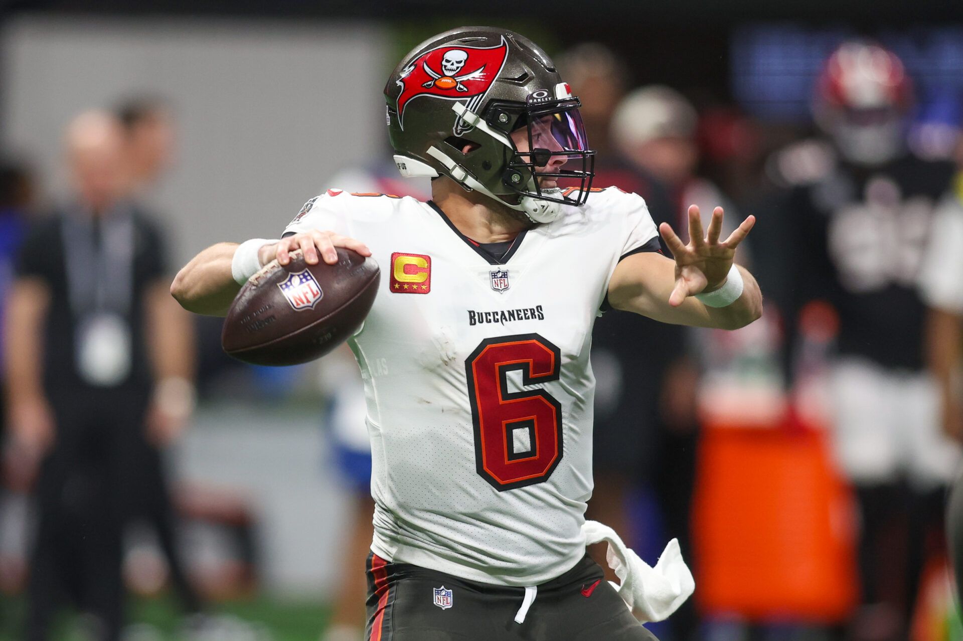 Oct 3, 2024; Atlanta, Georgia, USA; Tampa Bay Buccaneers quarterback Baker Mayfield (6) throws a pass against the Atlanta Falcons in the third quarter at Mercedes-Benz Stadium. Mandatory Credit: Brett Davis-Imagn Images