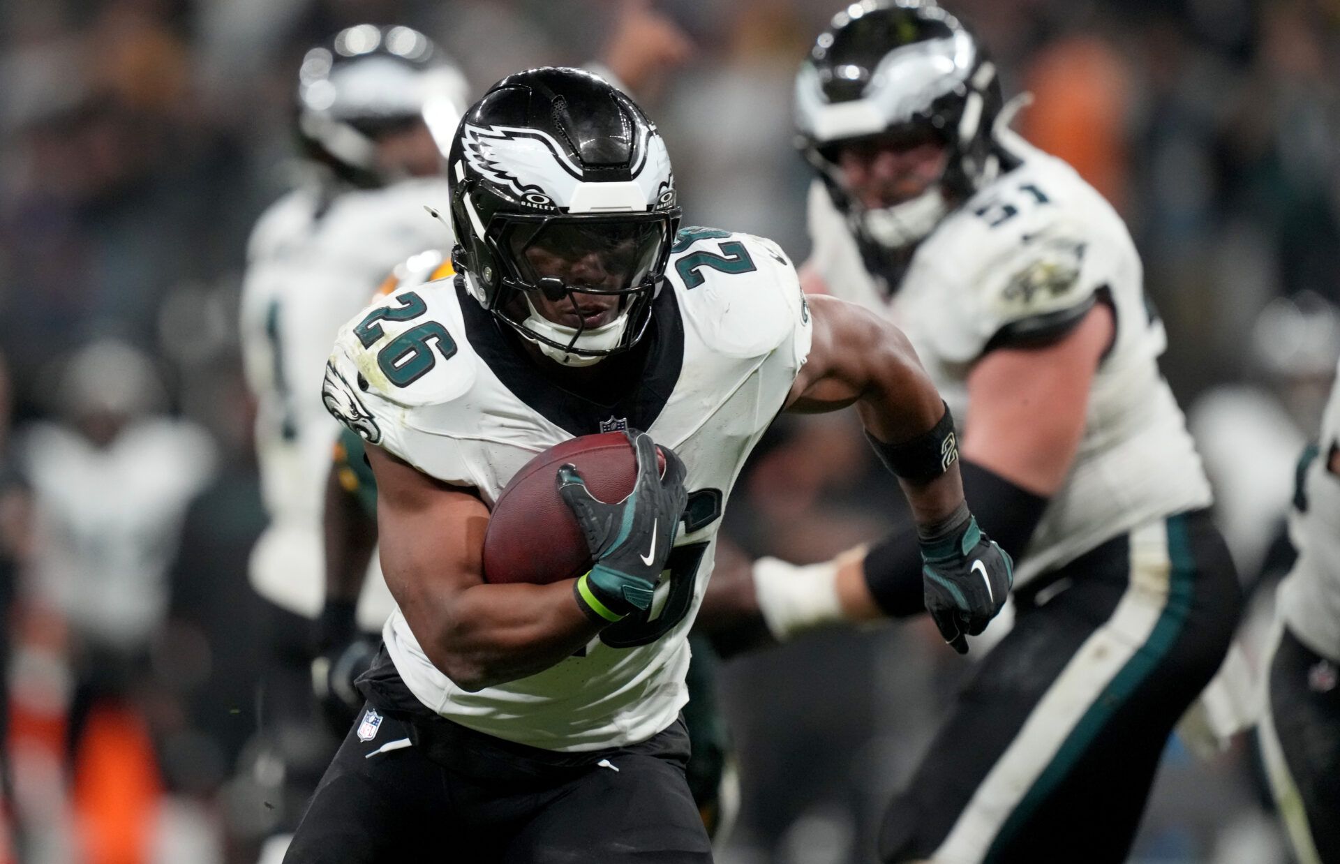 Sep 6, 2024; Sao Paulo, BRA; Philadelphia Eagles running back Saquon Barkley (26) runs during the first half against the Green Bay Packers at Neo Quimica Arena. Mandatory Credit: Kirby Lee-Imagn Images