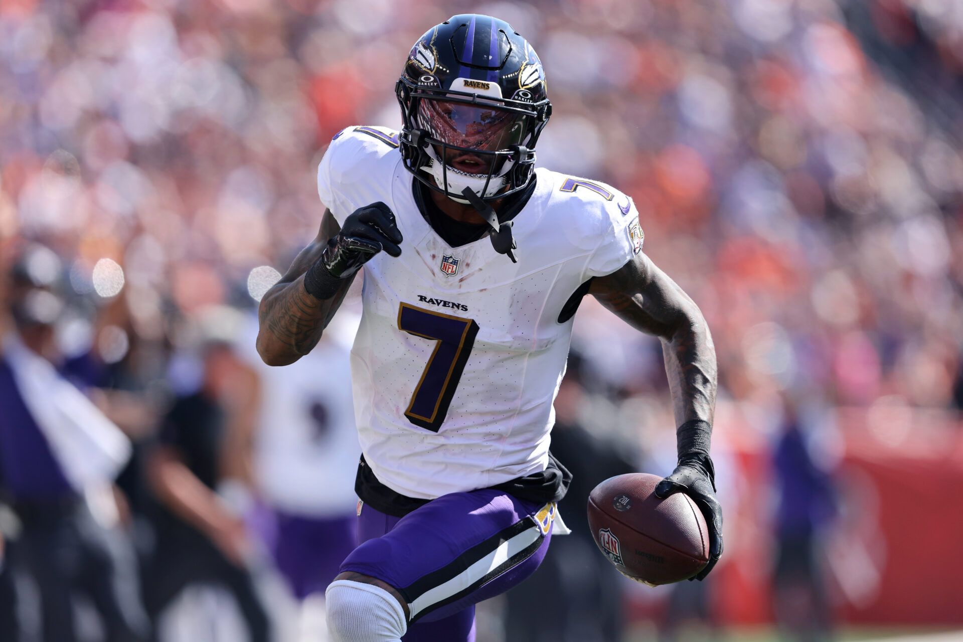 Oct 6, 2024; Cincinnati, Ohio, USA; Baltimore Ravens wide receiver Rashod Bateman (7) scores a touchdown during the second quarter against the Cincinnati Bengals at Paycor Stadium. Mandatory Credit: Joseph Maiorana-Imagn Images