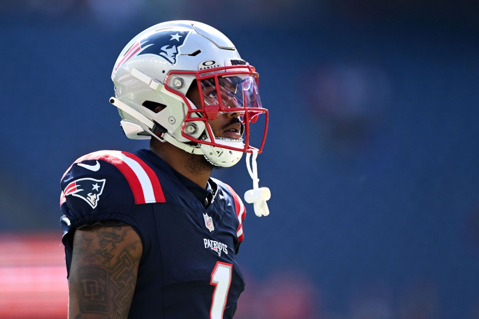 Oct 6, 2024; Foxborough, Massachusetts, USA; New England Patriots wide receiver Ja'Lynn Polk (1) walks onto the field before a game against the Miami Dolphins at Gillette Stadium. Mandatory Credit: Brian Fluharty-Imagn Images