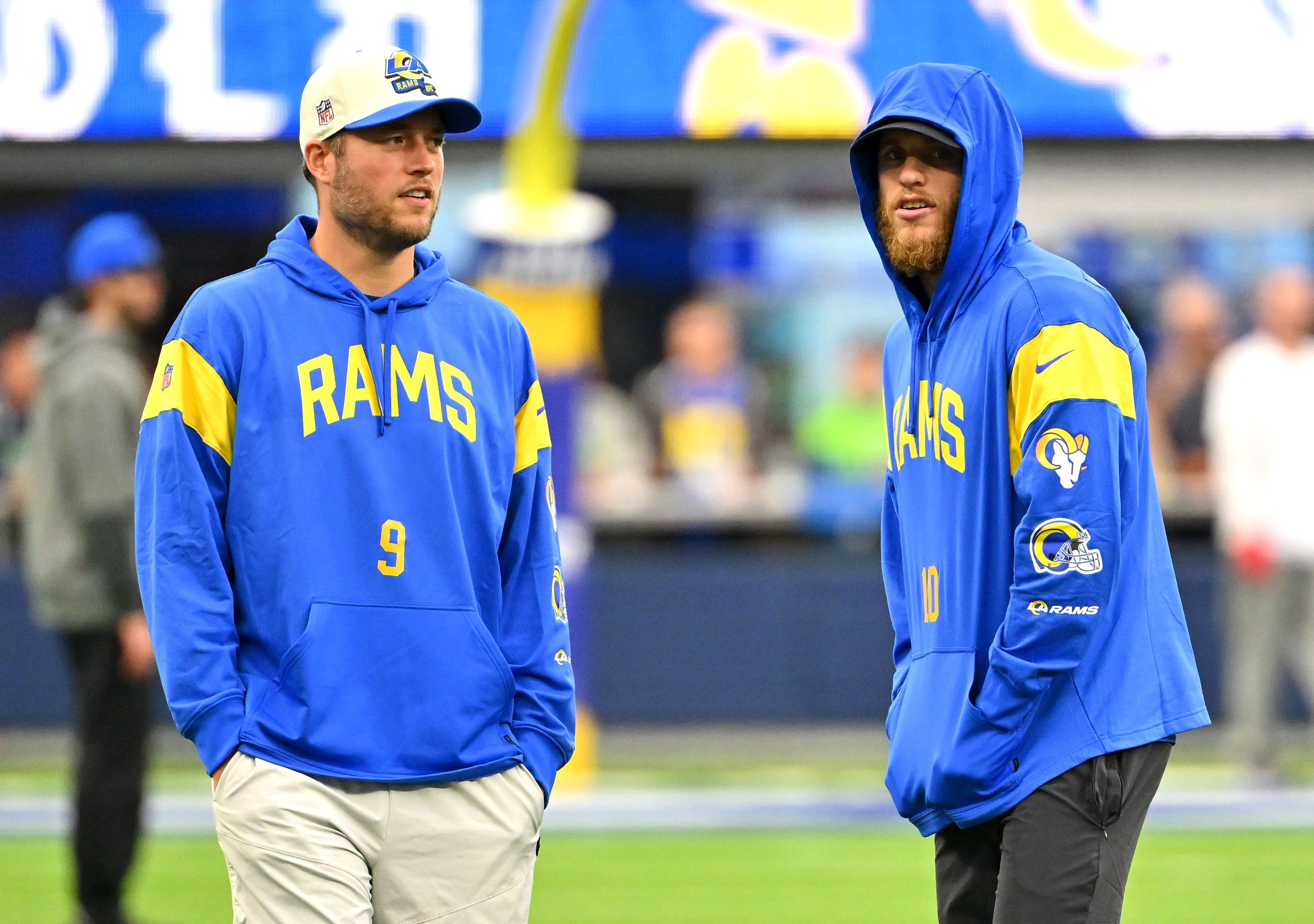 Los Angeles Rams quarterback Matthew Stafford (9) and wide receiver Cooper Kupp (10) on the field prior a game against the Seattle Seahawks at SoFi Stadium.