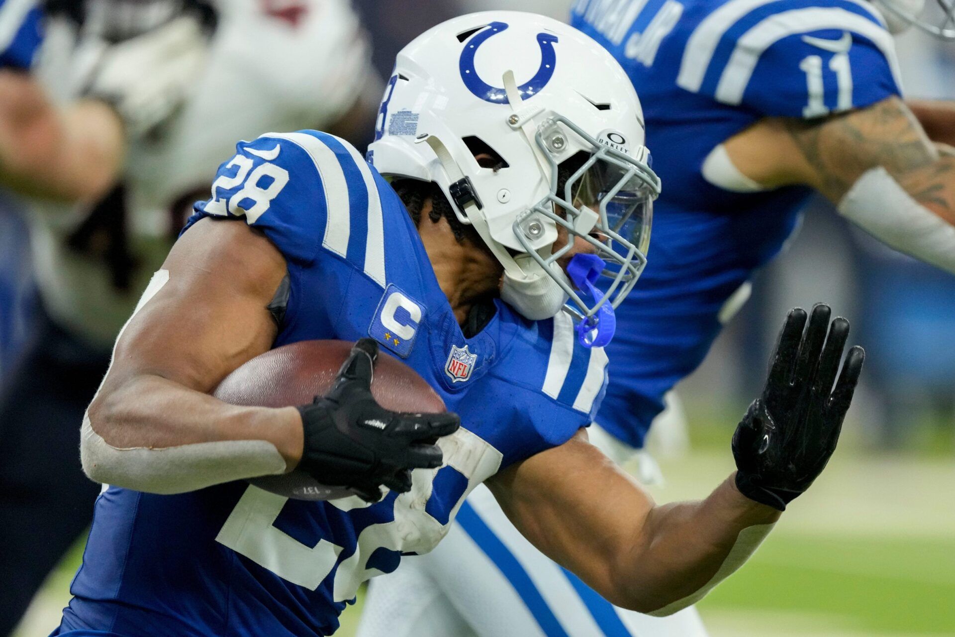 Indianapolis Colts running back Jonathan Taylor (28) rushes the ball Sunday, Sept. 22, 2024, during a game against the Chicago Bears at Lucas Oil Stadium in Indianapolis. He did not play against the Jacksonville Jaguars on Oct. 6, 2024.