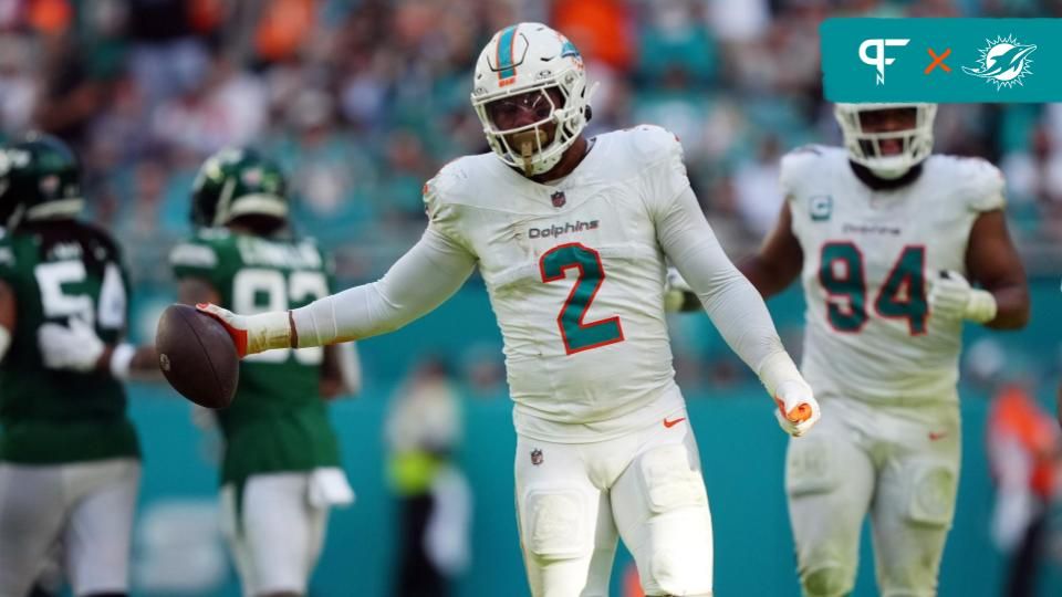 Miami Dolphins linebacker Bradley Chubb (2) celebrates after recovering a fumble during the second half against the New York Jets at Hard Rock Stadium.