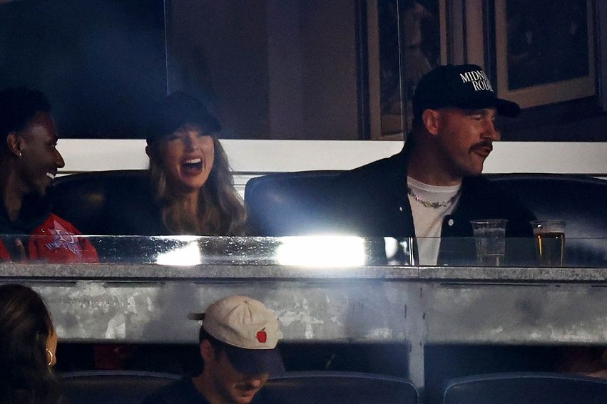 Recording artist Taylor Swift and Kansas City Chiefs tight end Travis Kelce watch game one of the ALCS for the 2024 MLB Playoffs between the New York Yankees and the Cleveland Guardians at Yankee Stadium.