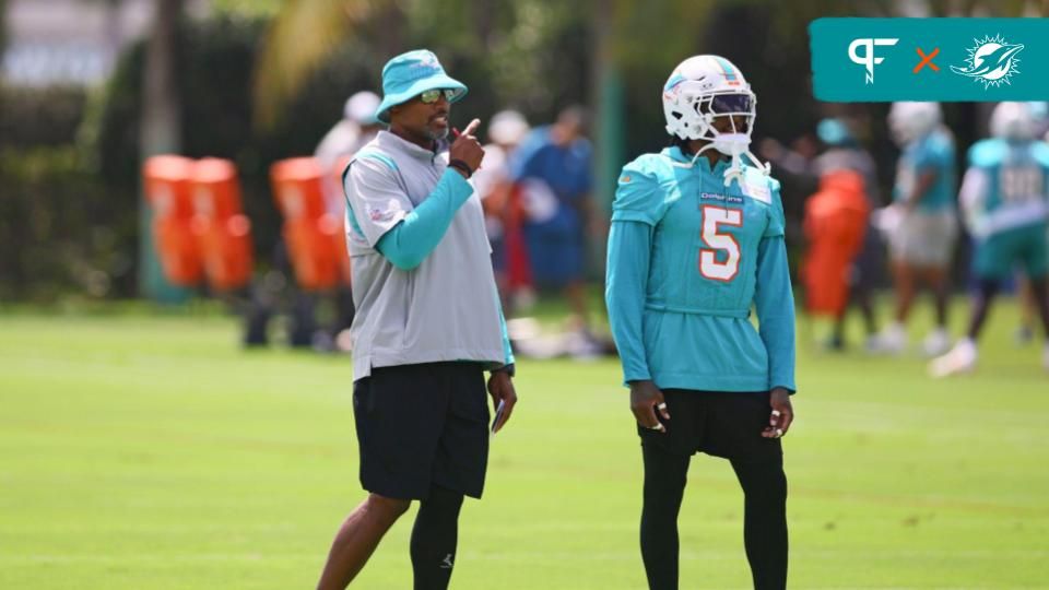 Miami Dolphins defensive coordinator Anthony Weaver talks to cornerback Jalen Ramsey (5) during mandatory minicamp at Baptist Health Training Complex.