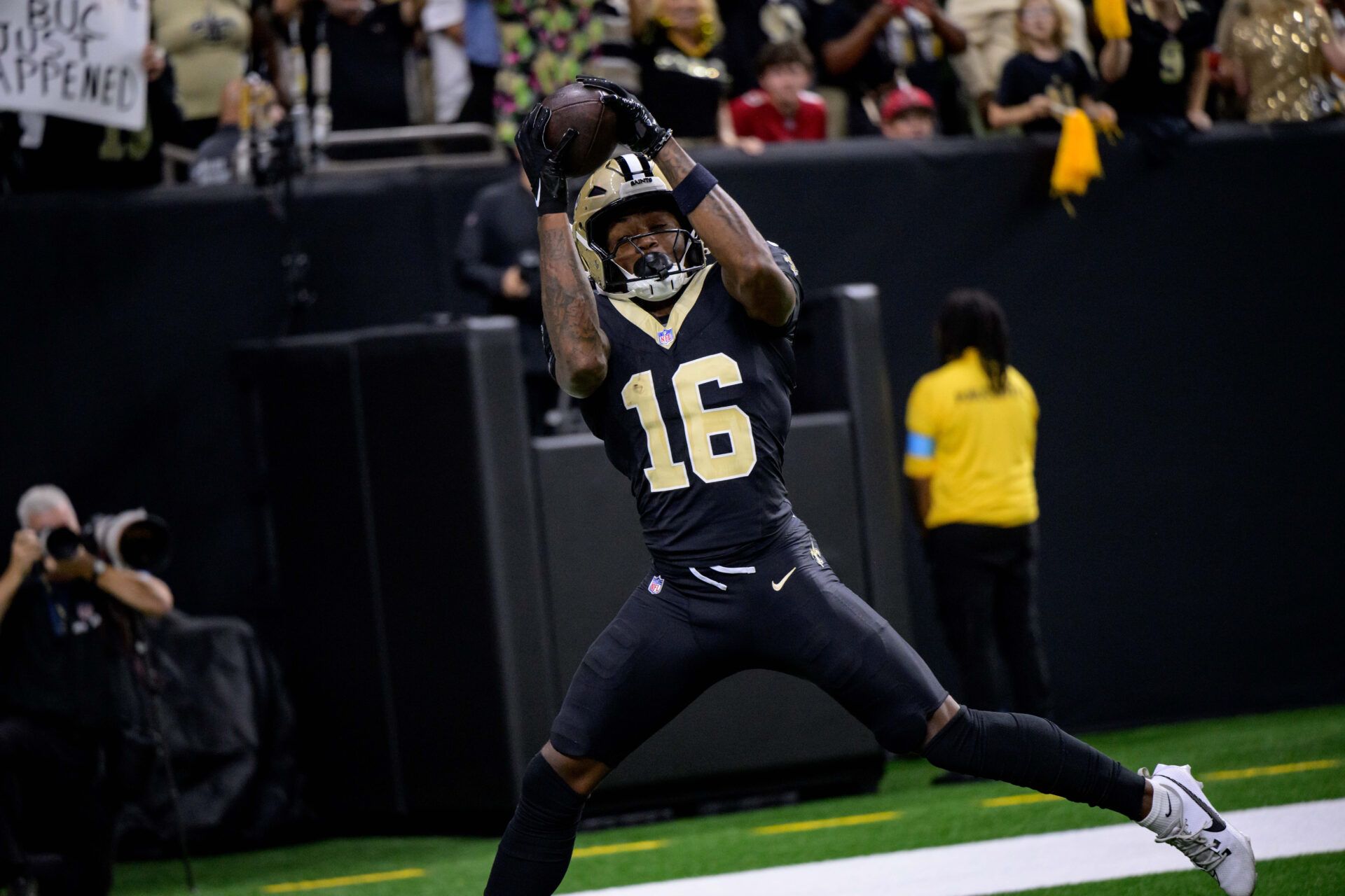 Oct 13, 2024; New Orleans, Louisiana, USA; New Orleans Saints wide receiver Bub Means (16) scores a touchdown during the second quarter against the Tampa Bay Buccaneers at Caesars Superdome. Mandatory Credit: Matthew Hinton-Imagn Images