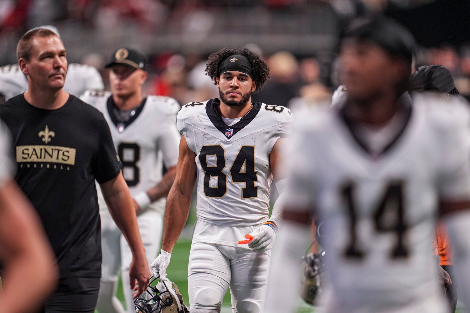 Sep 29, 2024; Atlanta, Georgia, USA; New Orleans Saints wide receiver Mason Tipton (84) on the field against the Atlanta Falcons at Mercedes-Benz Stadium. Mandatory Credit: Dale Zanine-Imagn Images