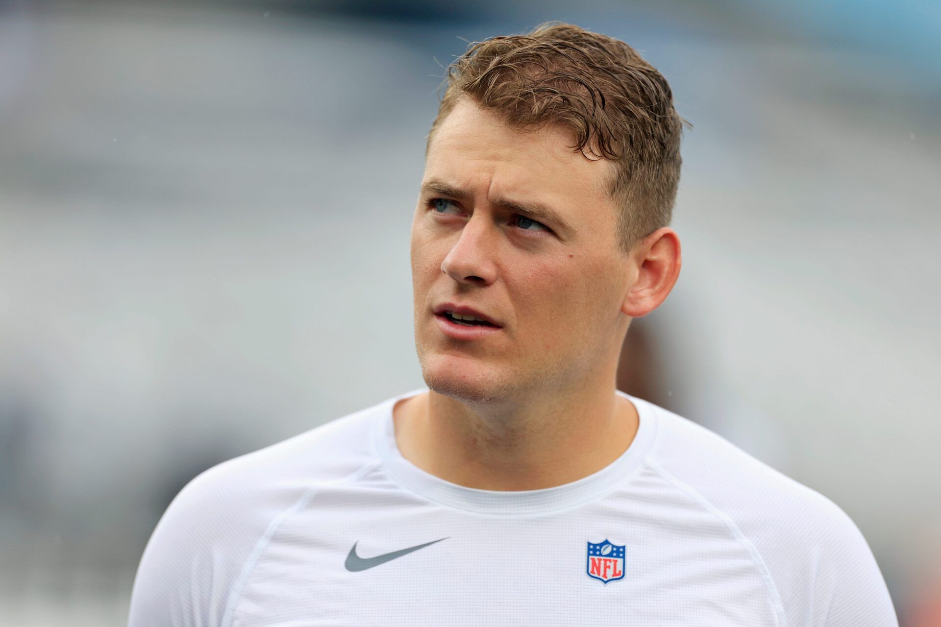 Jacksonville Jaguars quarterback Mac Jones (10) walks on the field before an NFL football matchup Sunday, Oct. 6, 2024 at EverBank Stadium in Jacksonville, Fla. The Jaguars edged the Colts on a field goal 37-34.