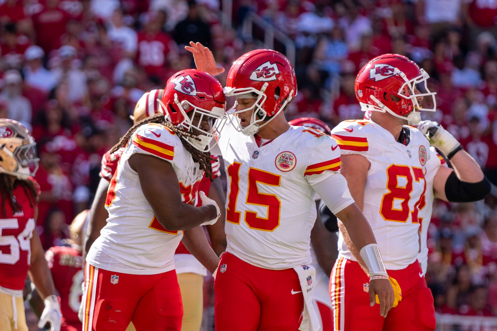 October 20, 2024; Santa Clara, California, USA; Kansas City Chiefs running back Kareem Hunt (29) is congratulated by quarterback Patrick Mahomes (15) after scoring a touchdown against the San Francisco 49ers during the second quarter at Levi's Stadium. Mandatory Credit: Kyle Terada-Imagn Images