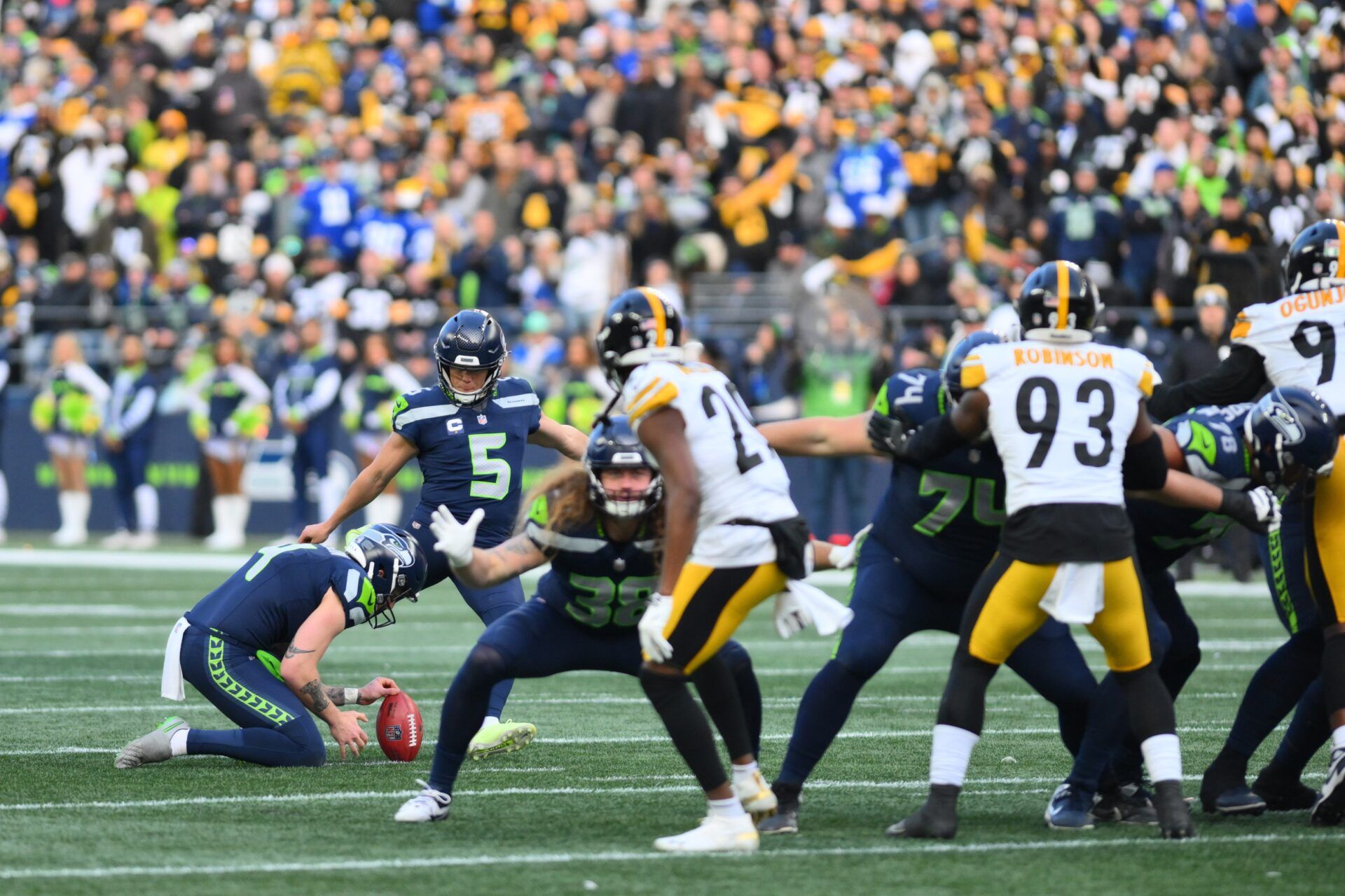 Seattle Seahawks placekicker Jason Myers (5) kicks a field goal against the Pittsburgh Steelers during the second half at Lumen Field.