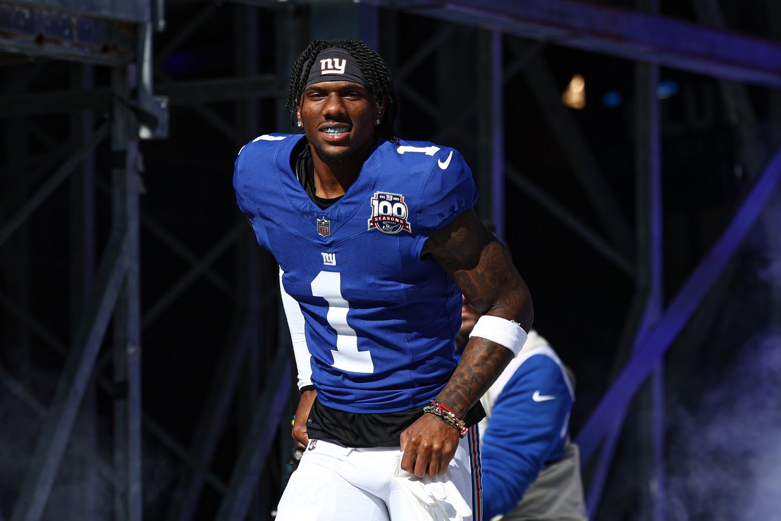 New York Giants wide receiver Malik Nabers (1) enter the field during introductions before the game against the Philadelphia Eagles at MetLife Stadium.