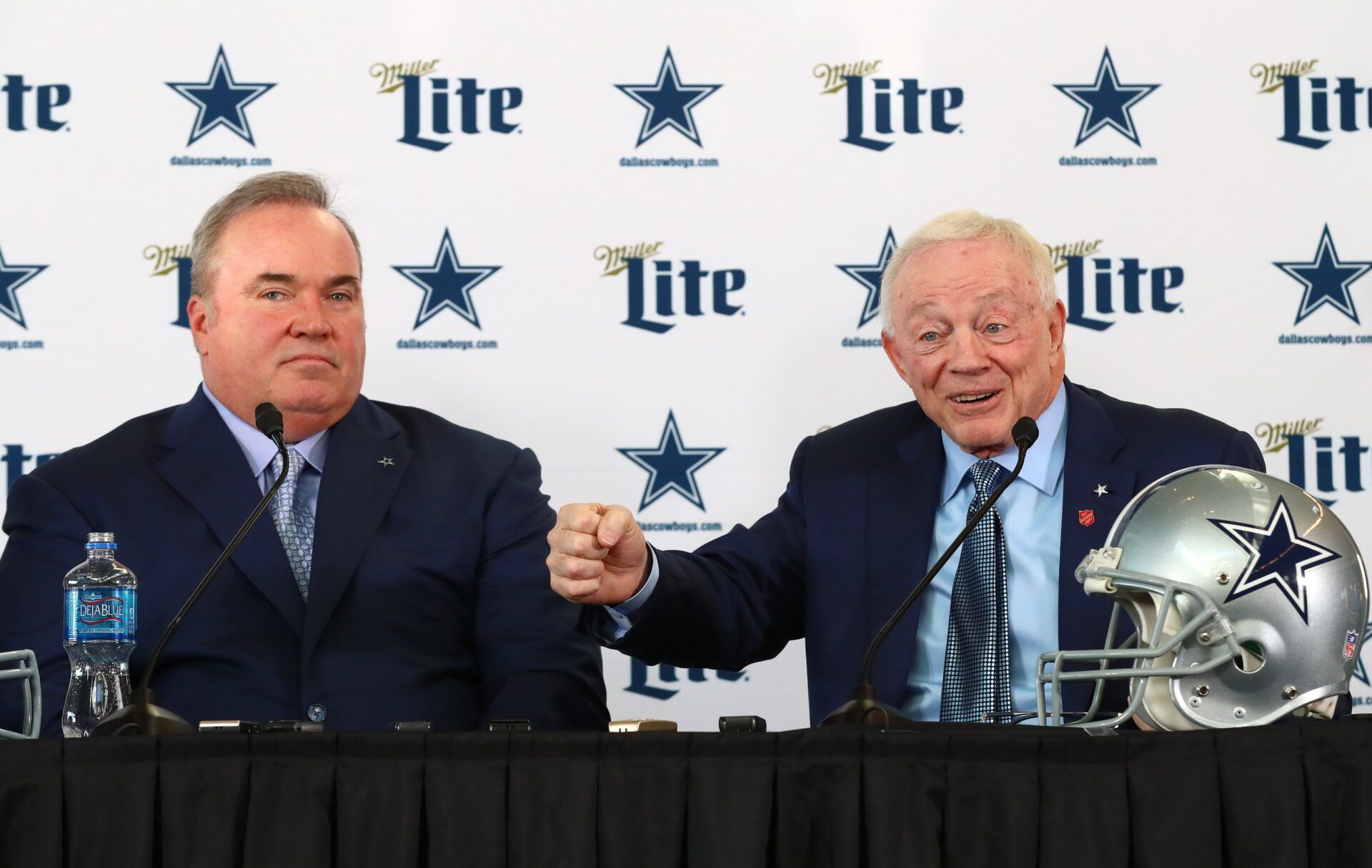 Dallas Cowboys owner Jerry Jones answers questions with new head coach Mike McCarthy during a press conference at Ford Center at the Star.