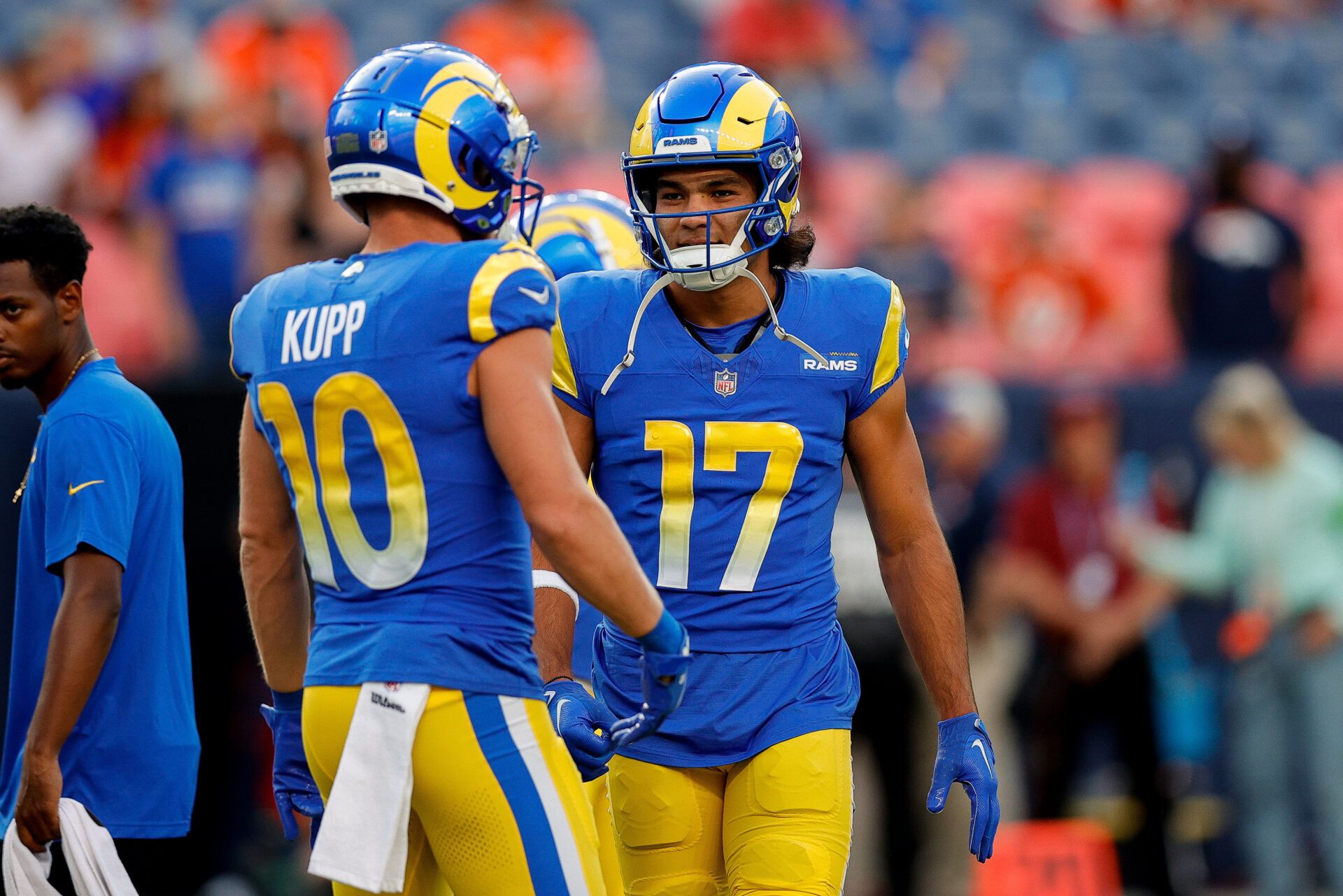 Aug 26, 2023; Denver, Colorado, USA; Los Angeles Rams wide receiver Puka Nacua (17) and wide receiver Cooper Kupp (10) before the game against the Denver Broncos at Empower Field at Mile High. Mandatory Credit: Isaiah J. Downing-USA TODAY Sports