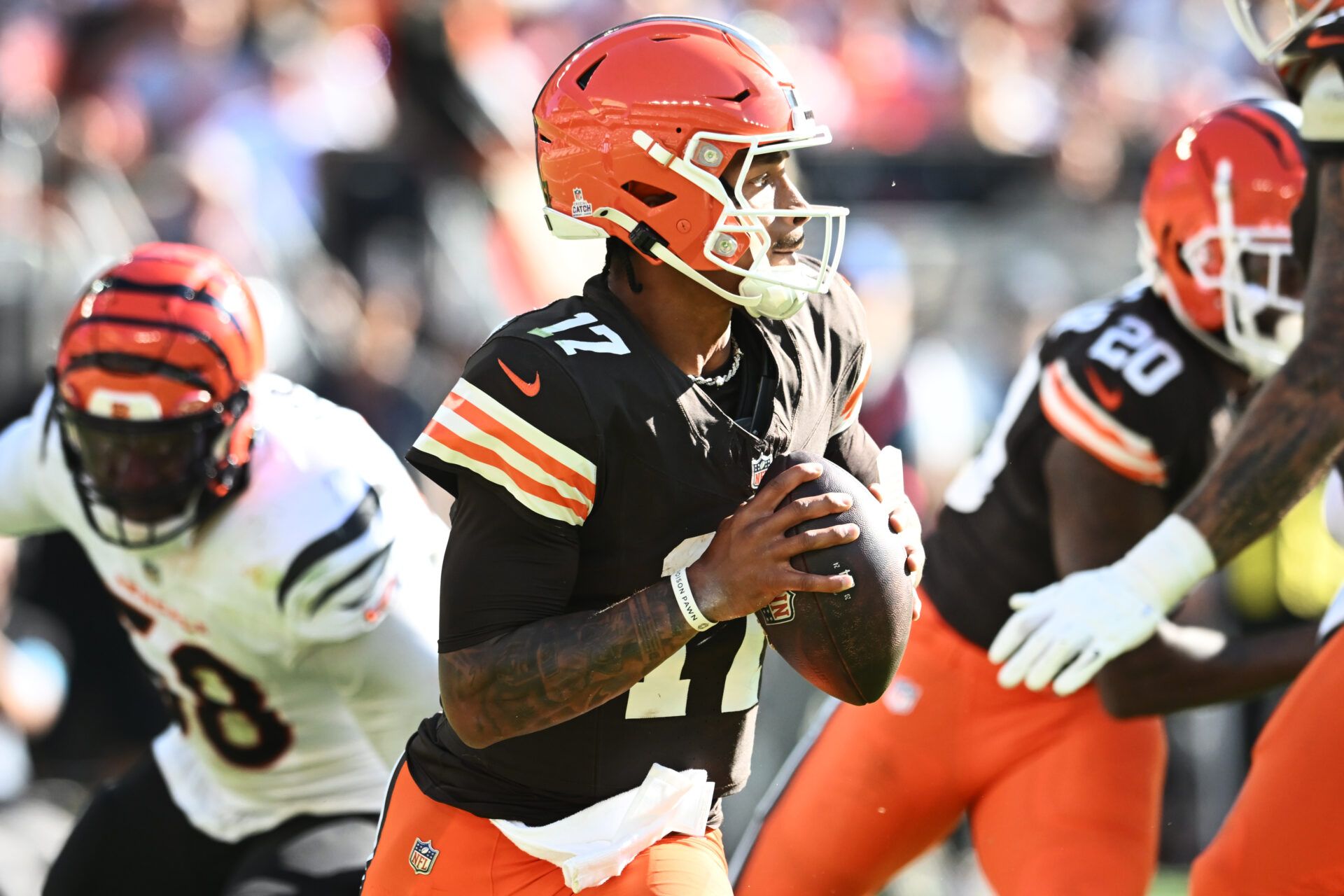 Oct 20, 2024; Cleveland, Ohio, USA; Cleveland Browns quarterback Dorian Thompson-Robinson (17) rolls out during the second half against the Cincinnati Bengals at Huntington Bank Field. Mandatory Credit: Ken Blaze-Imagn Images