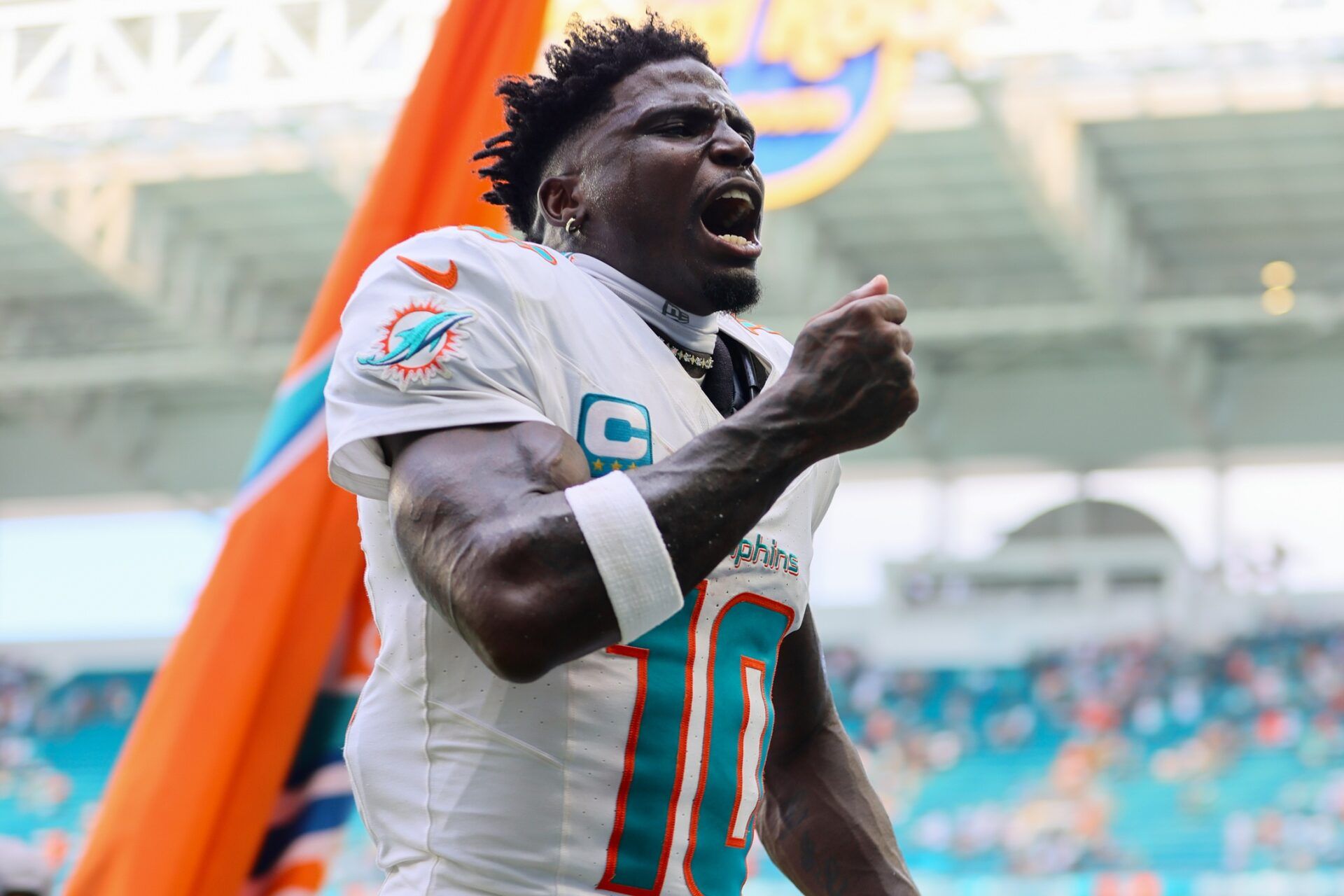 Miami Dolphins wide receiver Tyreek Hill (10) reacts after the game against the Jacksonville Jaguars at Hard Rock Stadium.