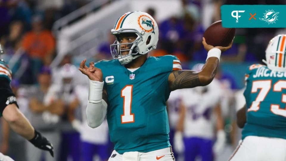 Miami Dolphins quarterback Tua Tagovailoa (1) throws the football against the Buffalo Bills during the first quarter at Hard Rock Stadium.