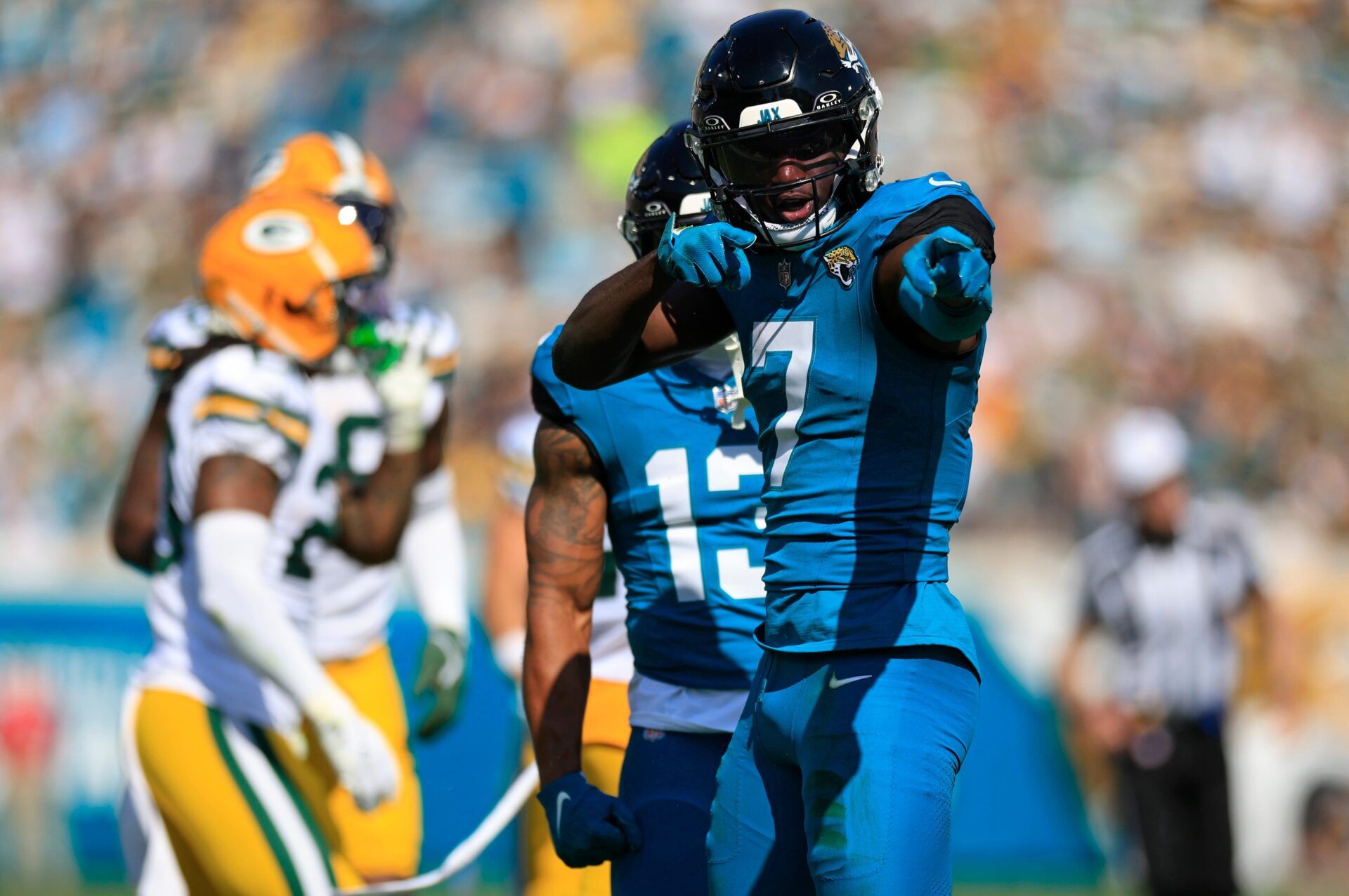 Jacksonville Jaguars wide receiver Brian Thomas Jr. (7) reacts to his first down pickup during the second quarter of an NFL football matchup Sunday, Oct. 27, 2024 at EverBank Stadium in Jacksonville, Fla. [Corey Perrine/Florida Times-Union]