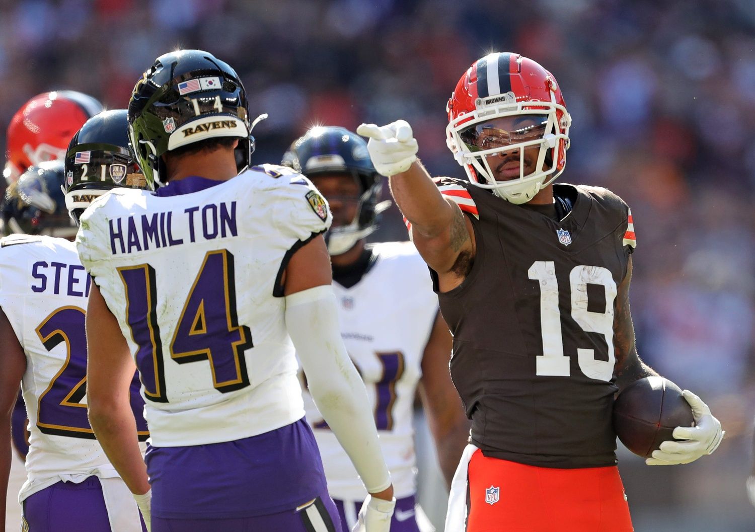 Cleveland Browns wide receiver Cedric Tillman (19) celebrates after a catch against Baltimore Ravens safety Kyle Hamilton (14) during the first half of an NFL football game at Huntington Bank Field, Sunday, Oct. 27, 2024, in Cleveland, Ohio.