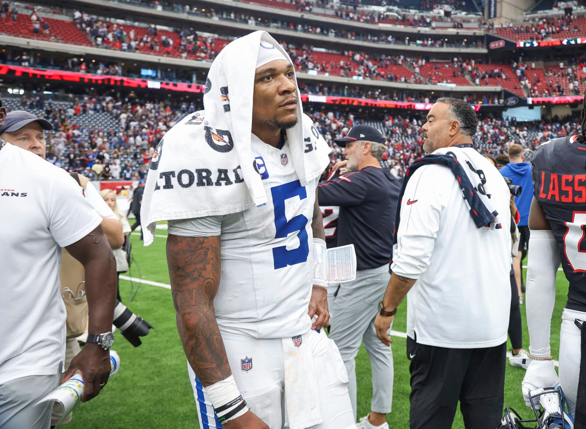 Oct 27, 2024; Houston, Texas, USA; Indianapolis Colts quarterback Anthony Richardson (5) reacts after the game against the Houston Texans at NRG Stadium. Mandatory Credit: Troy Taormina-Imagn Images