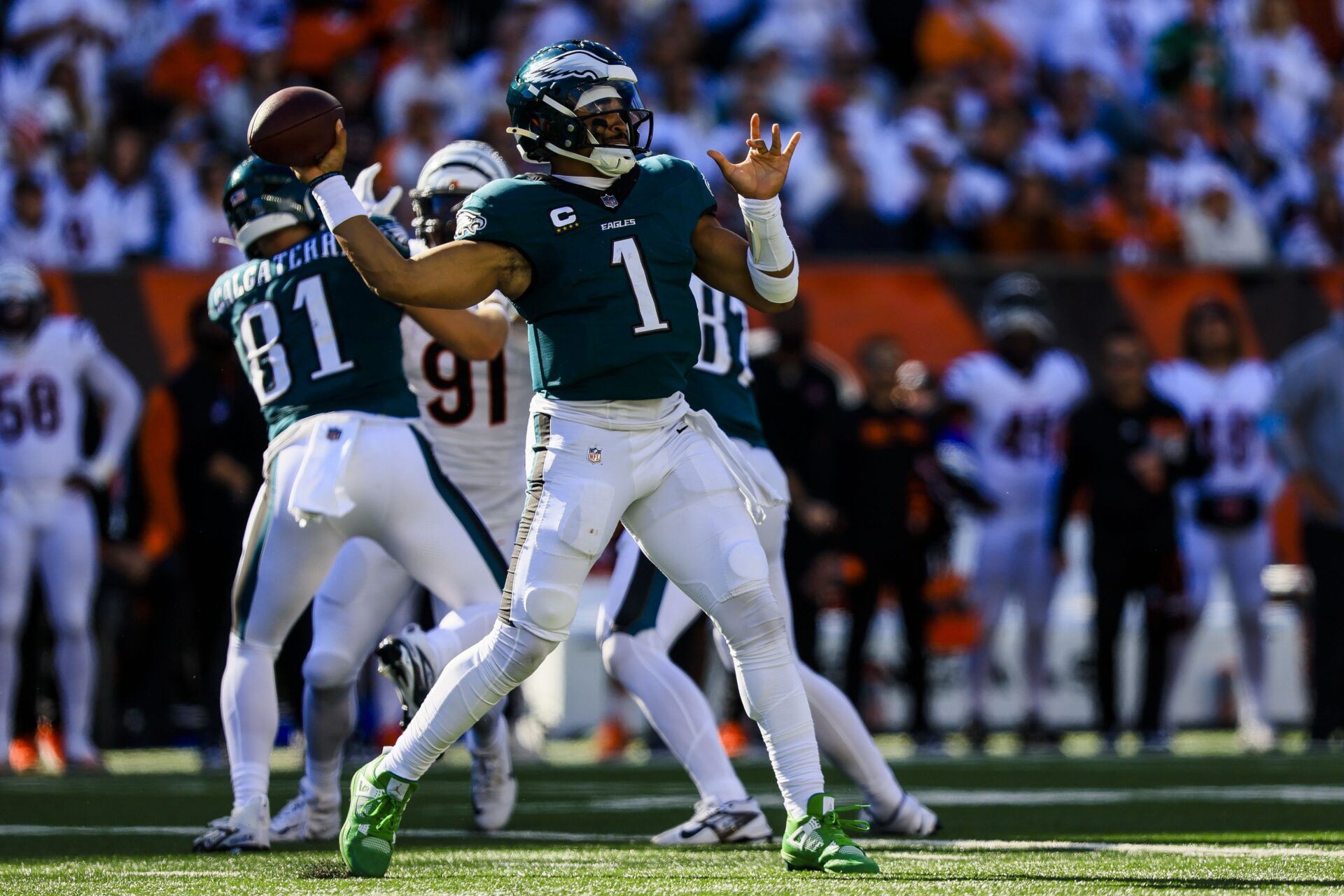 Philadelphia Eagles quarterback Jalen Hurts (1) throws a pass against the Cincinnati Bengals in the second half at Paycor Stadium.