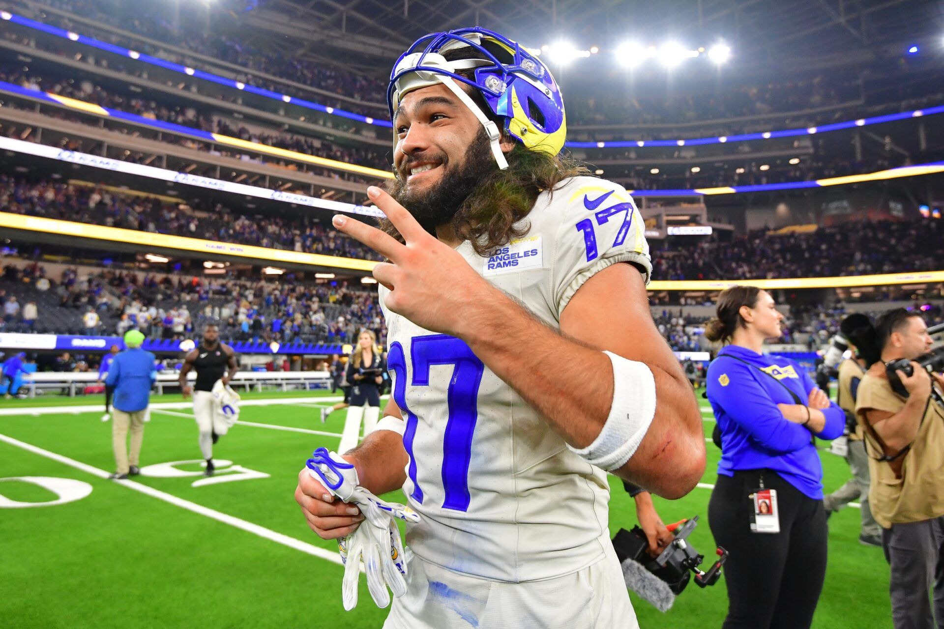 Oct 24, 2024; Inglewood, California, USA; Los Angeles Rams wide receiver Puka Nacua (17) celebrates the victory against the Minnesota Vikings at SoFi Stadium. Mandatory Credit: Gary A. Vasquez-Imagn Images