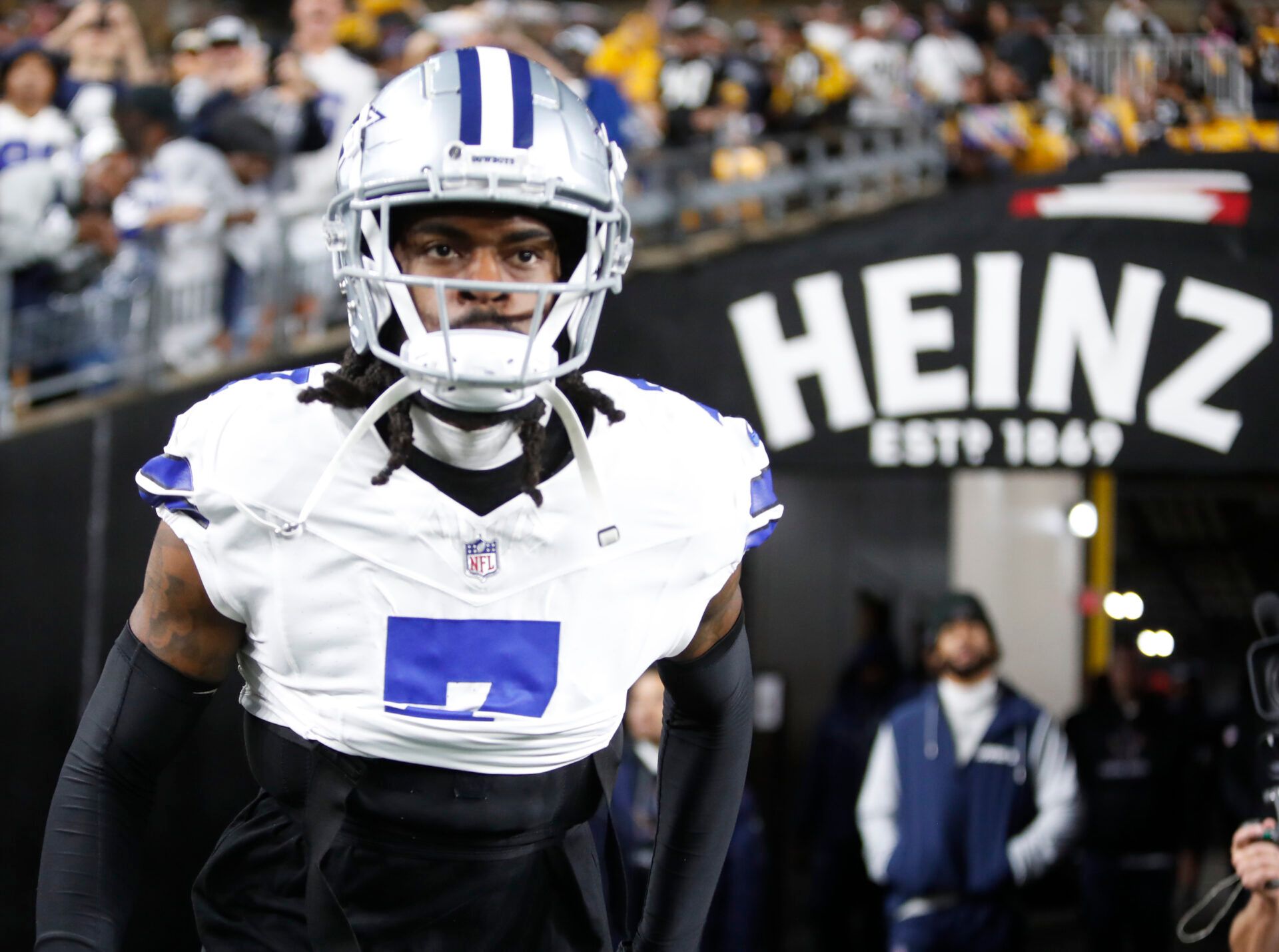 Oct 6, 2024; Pittsburgh, Pennsylvania, USA; Dallas Cowboys cornerback Trevon Diggs (7) takes the field to play the Pittsburgh Steelers at Acrisure Stadium. Mandatory Credit: Charles LeClaire-Imagn Images