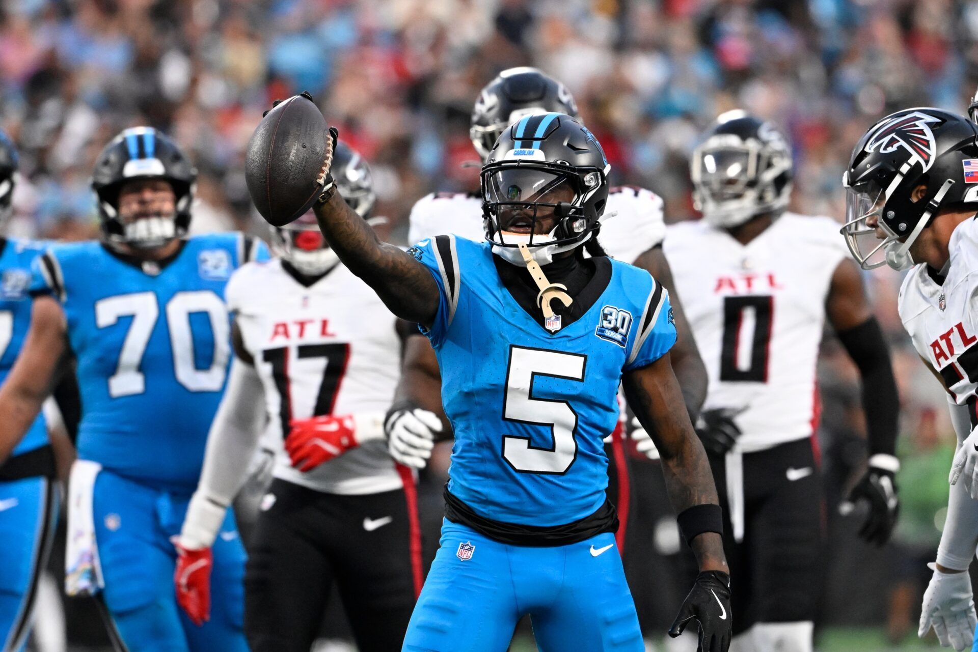 Carolina Panthers wide receiver Diontae Johnson (5) reacts after making a catch in the second quarter at Bank of America Stadium.