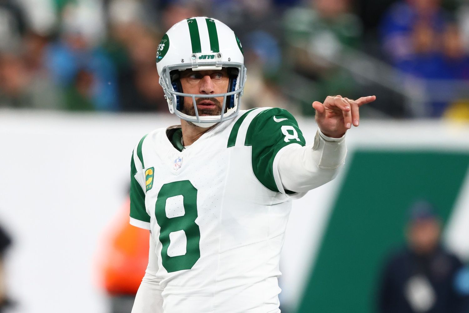 New York Jets quarterback Aaron Rodgers (8) during the first half of their game against the Buffalo Bills at MetLife Stadium.