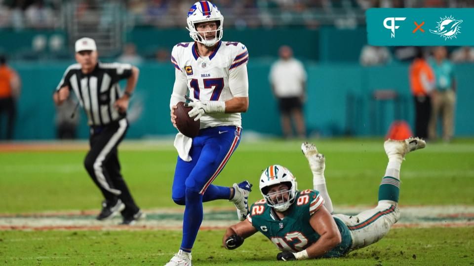 Buffalo Bills quarterback Josh Allen (17) scrambles away from Miami Dolphins defensive tackle Zach Sieler (92) during the second half at Hard Rock Stadium.