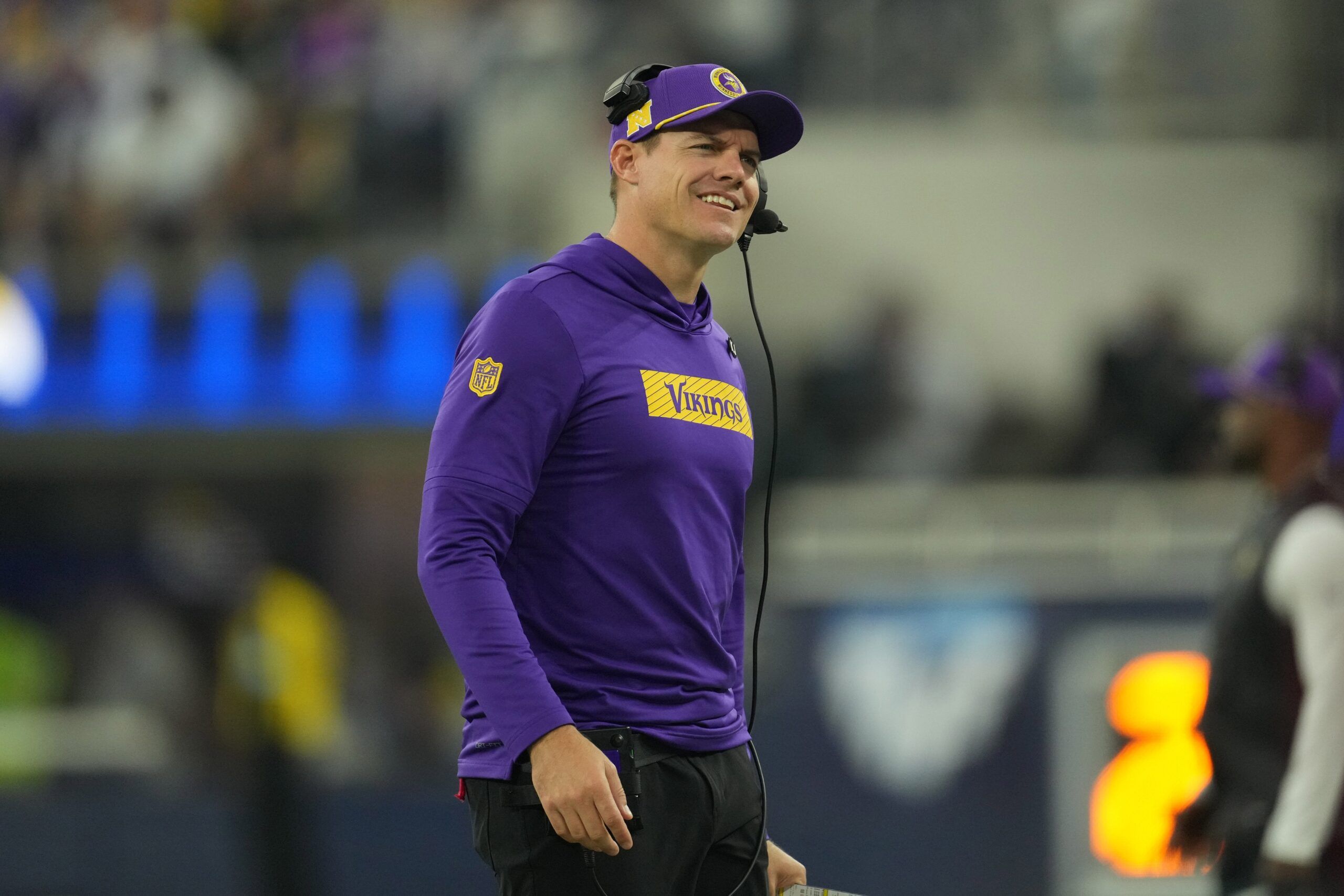 Minnesota Vikings coach Kevin O'Connell reacts against the Los Angeles Rams in the first half at SoFi Stadium.