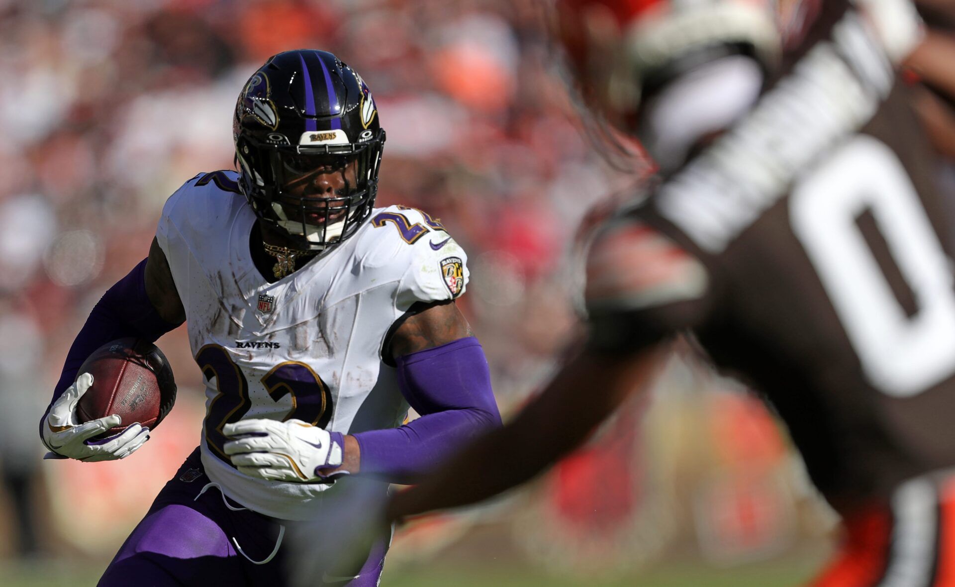 Baltimore Ravens running back Derrick Henry rushes for yards during the second half of an NFL football game.