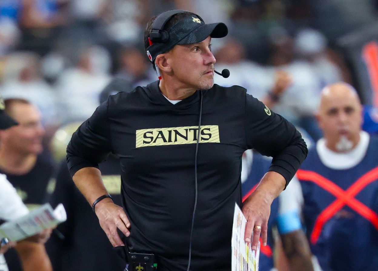 New Orleans Saints head coach Dennis Allen reacts during the second half against the Dallas Cowboys at AT&T Stadium.