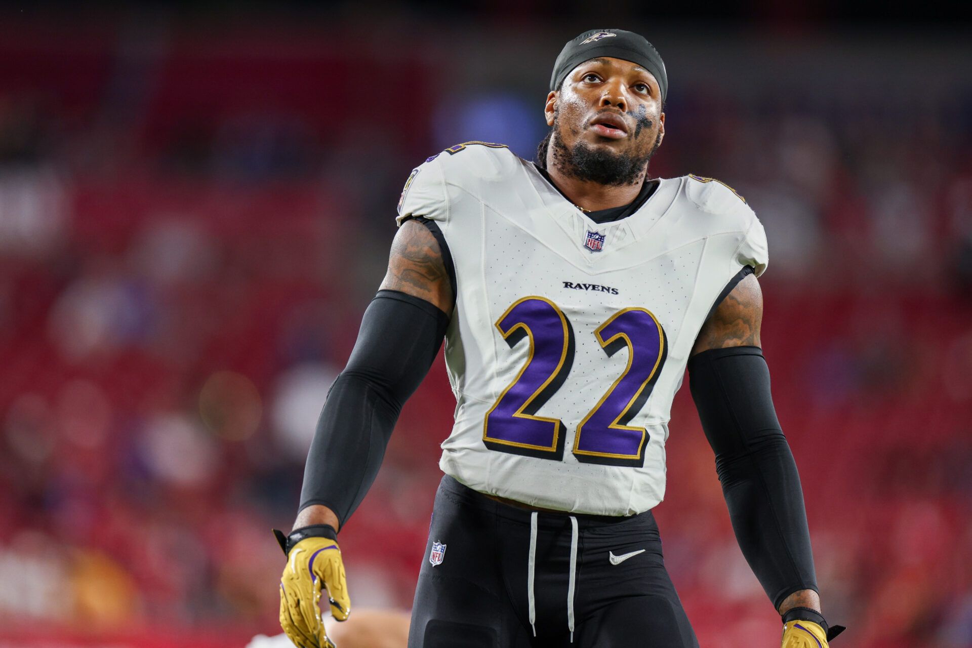 Oct 21, 2024; Tampa, Florida, USA; Baltimore Ravens running back Derrick Henry (22) warms up before a game against the Tampa Bay Buccaneers at Raymond James Stadium. Mandatory Credit: Nathan Ray Seebeck-Imagn Images